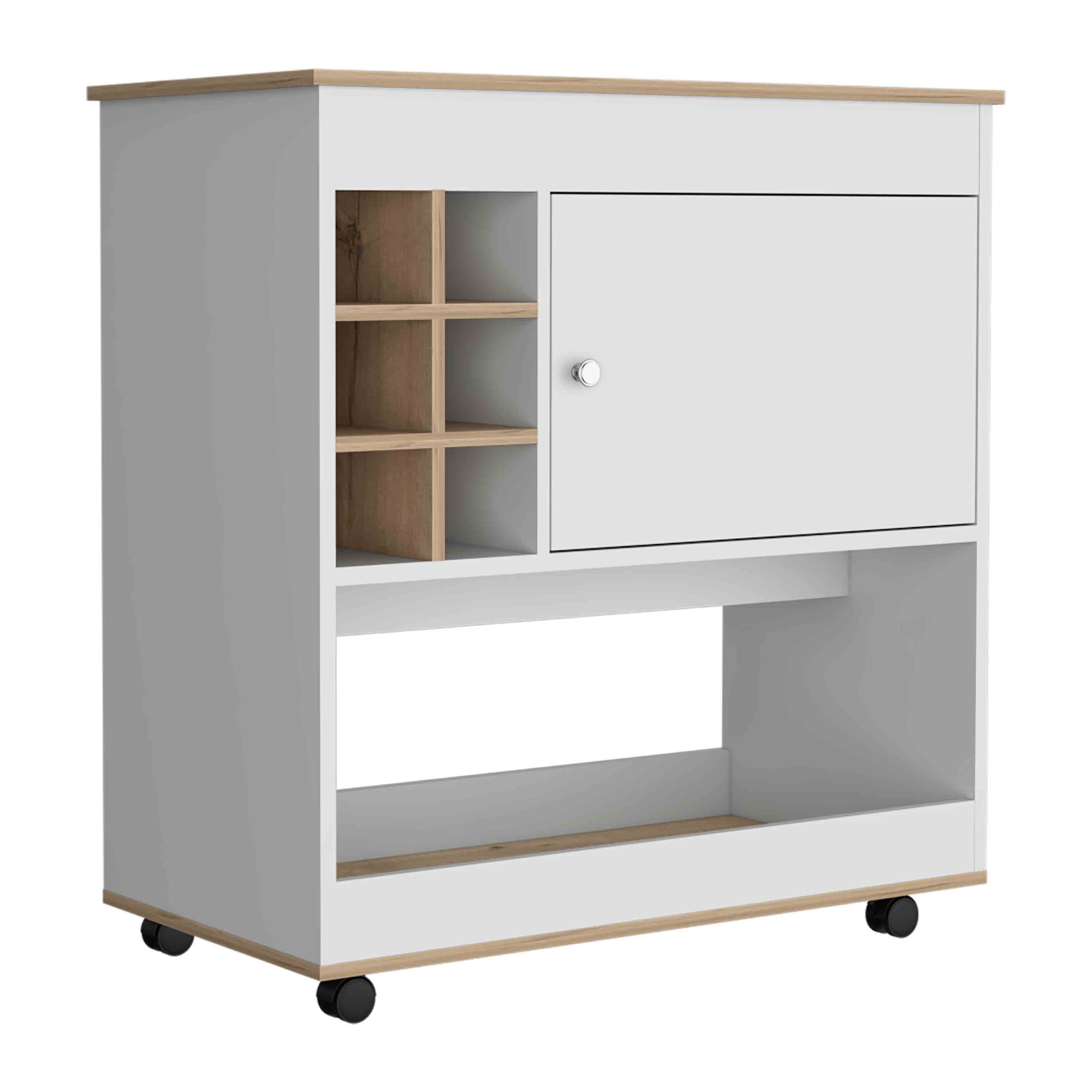 37" H light oak/white bar-coffee cart, kitchen or living room cabinet, with 4 wheels, central storage with 2 doors, division for 6 bottles and a shelf with a wooden front on the bottom.