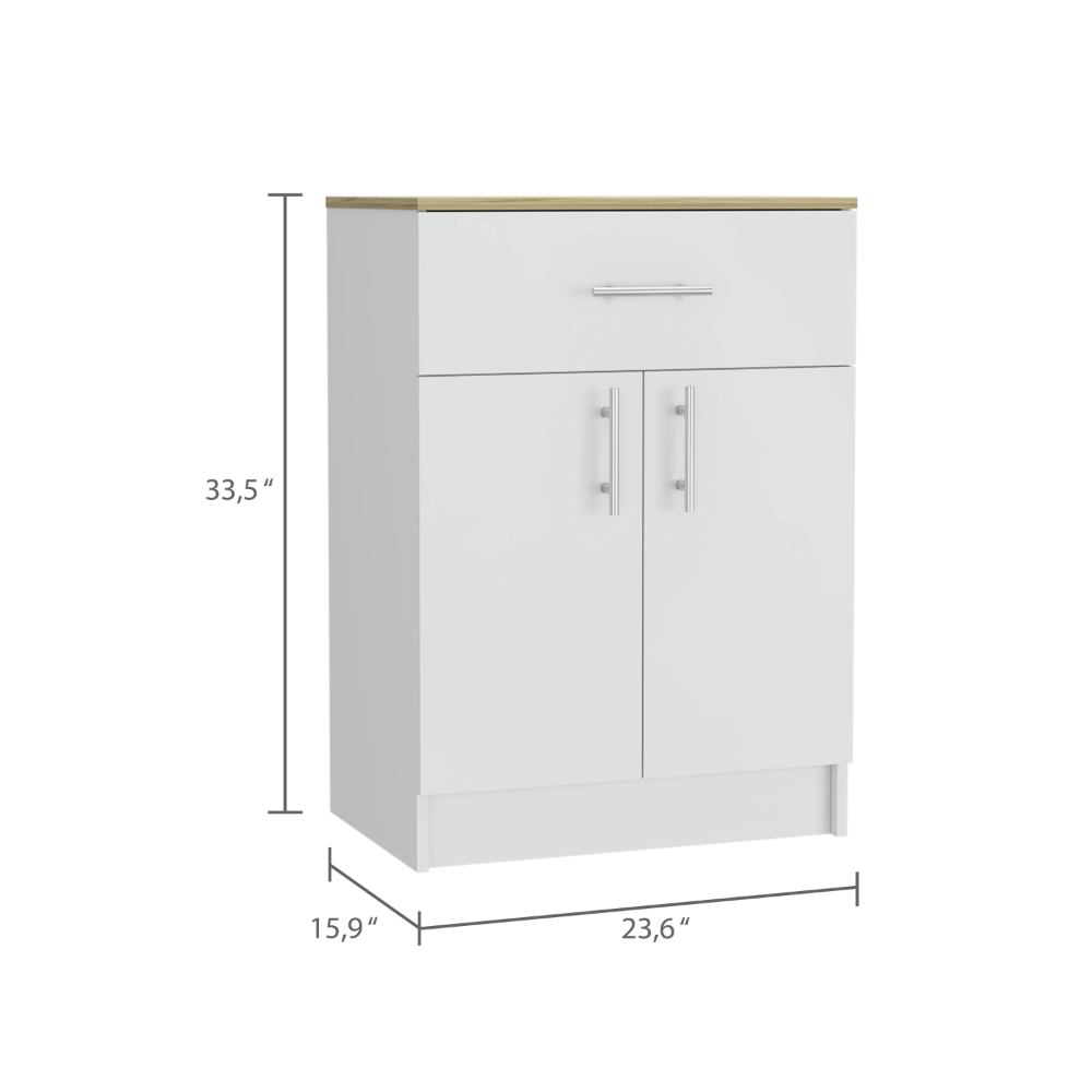 Pantry Organizer Cabinet 33" H, One Drawer, Two Interior Shelves, Two Doors, White/Light Oak