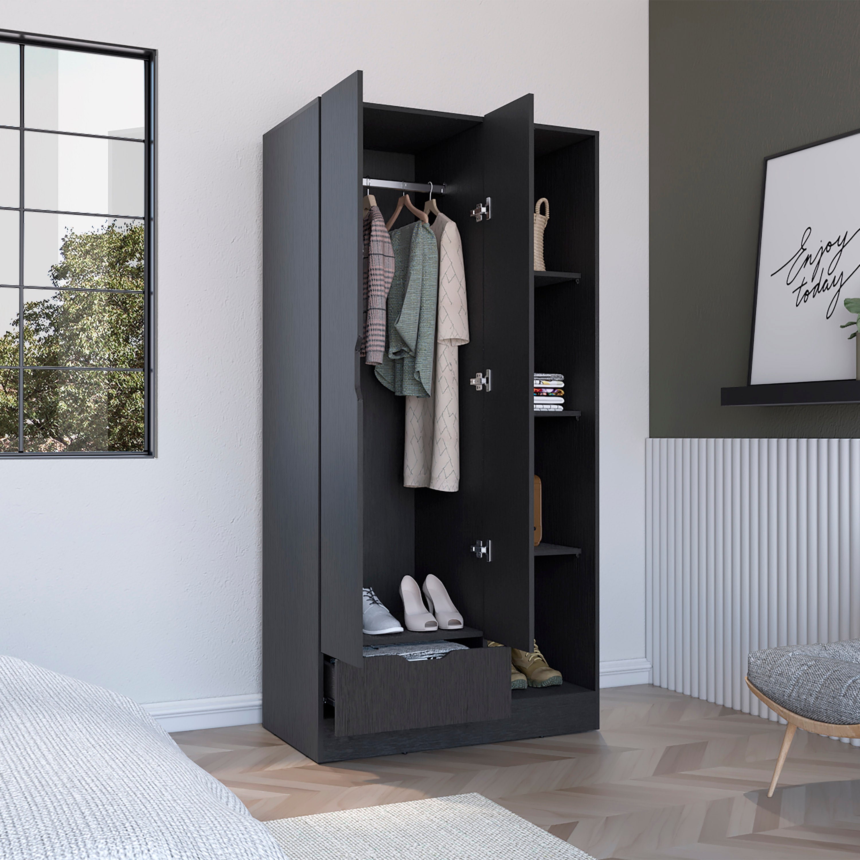 Armoire 71H" with 1-Drawer and 4-Tier Open Shelves, 2 Doors, Noir