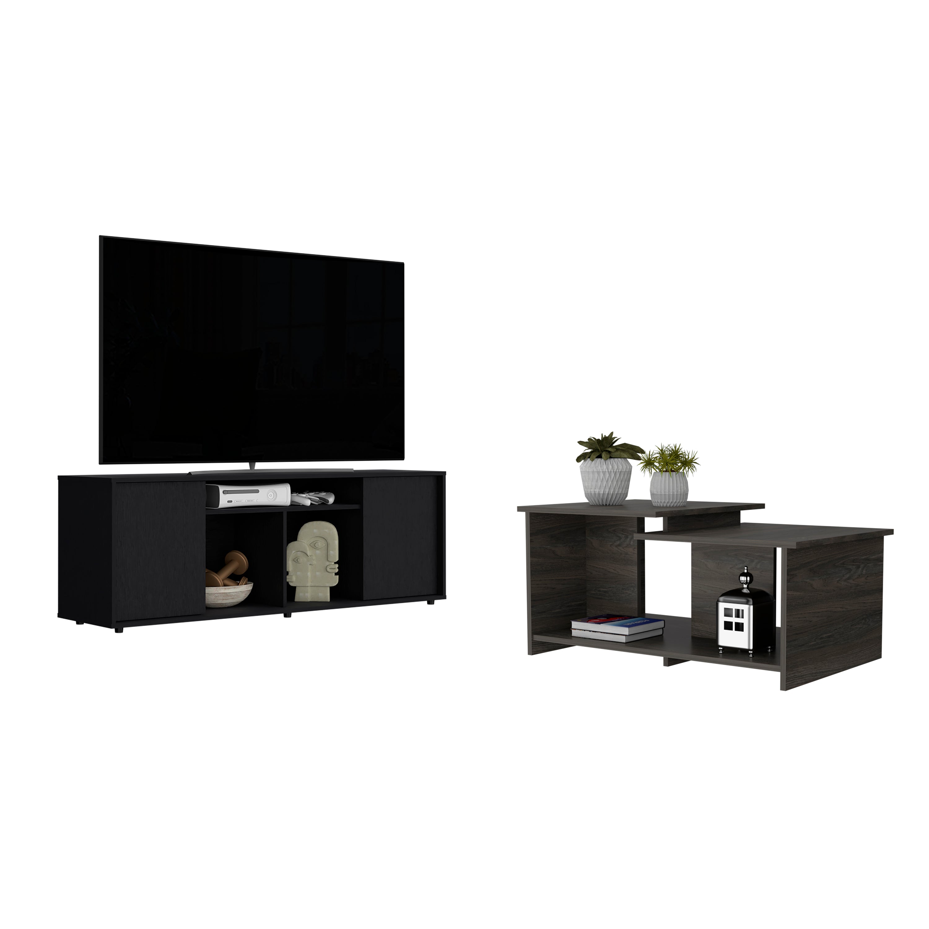 Danville 2 Piece Living Room Set, Dallas Tv Stand + Leanna 3 Coffee Table, Black / Espresso, Black / Espresso