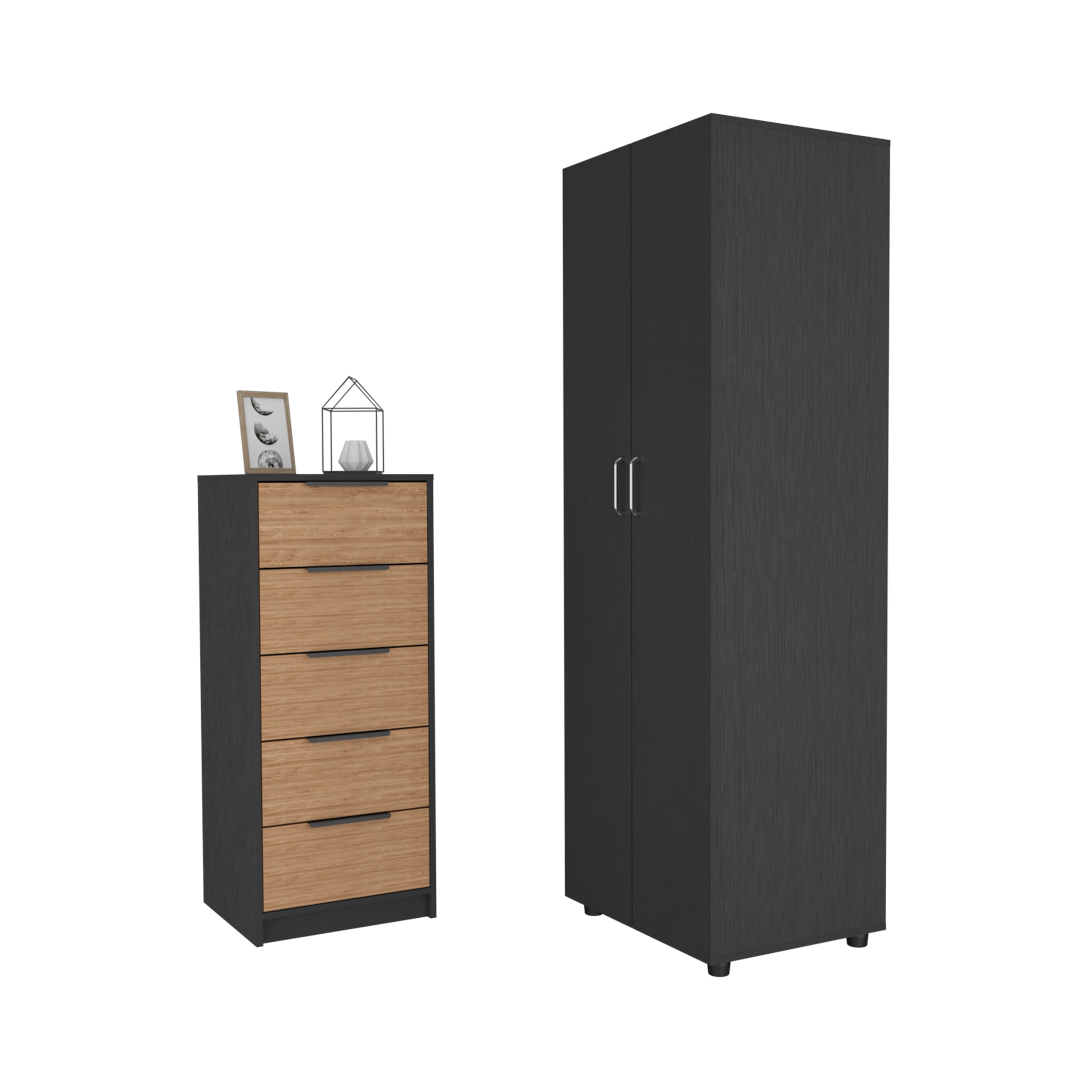 Paxon 2 Piece Bedroom Set, London Armoire + Egeo 5 Drawer Dresser, Black / Light Oak