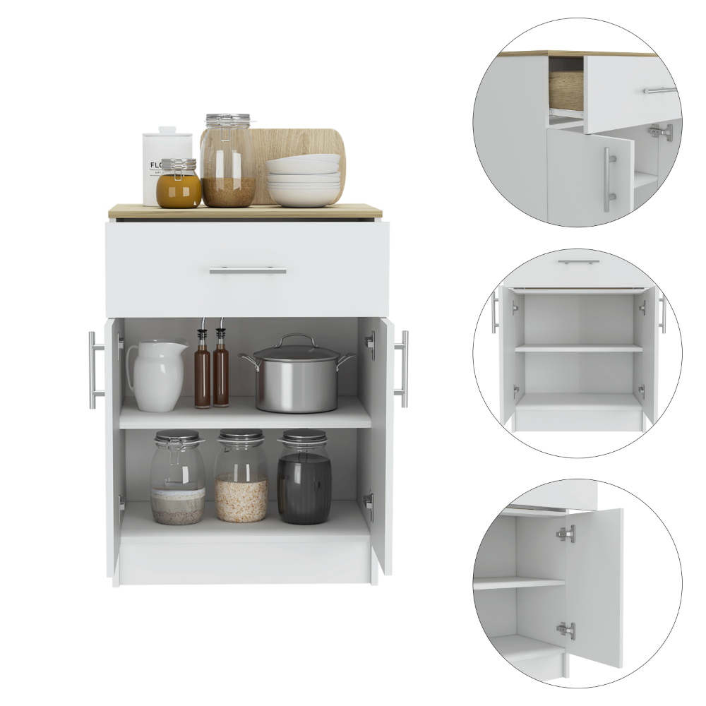 Pantry Organizer Cabinet 33" H, One Drawer, Two Interior Shelves, Two Doors, White/Light Oak