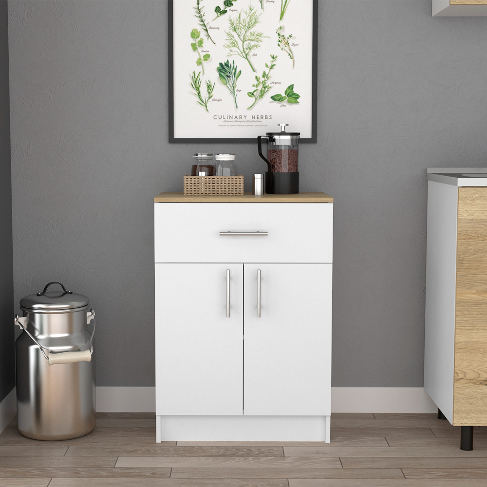 Armoire de rangement pour garde-manger 33" H, un tiroir, deux étagères intérieures, deux portes, blanc/chêne clair