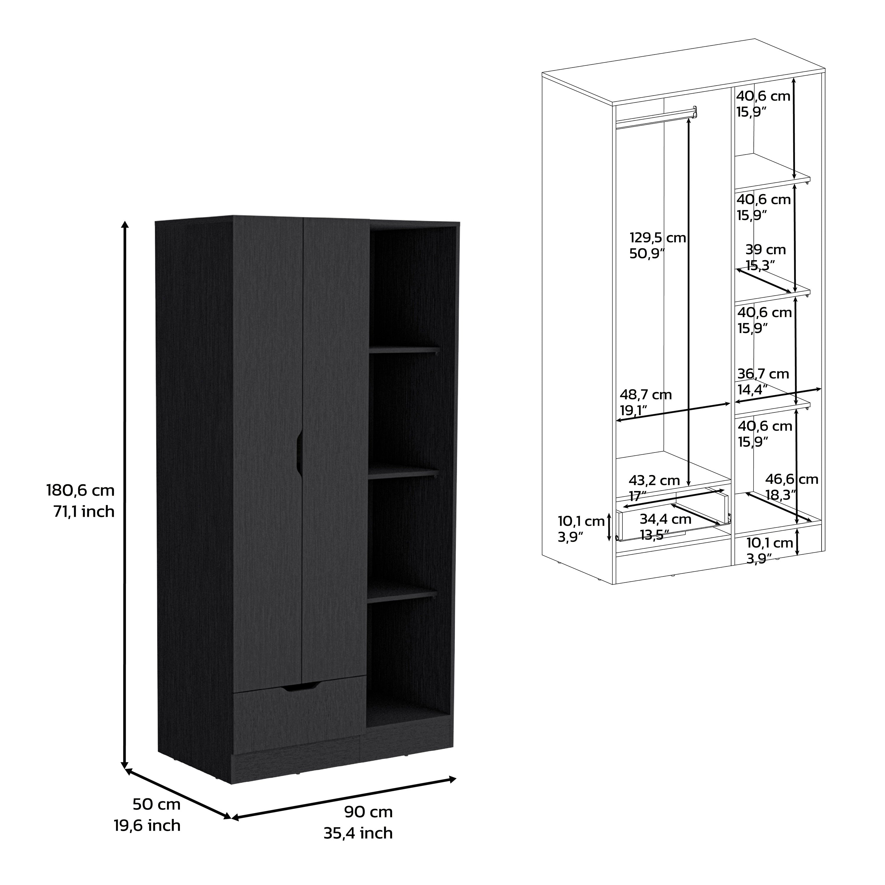 Armoire 71H" with 1-Drawer and 4-Tier Open Shelves, 2 Doors, Noir