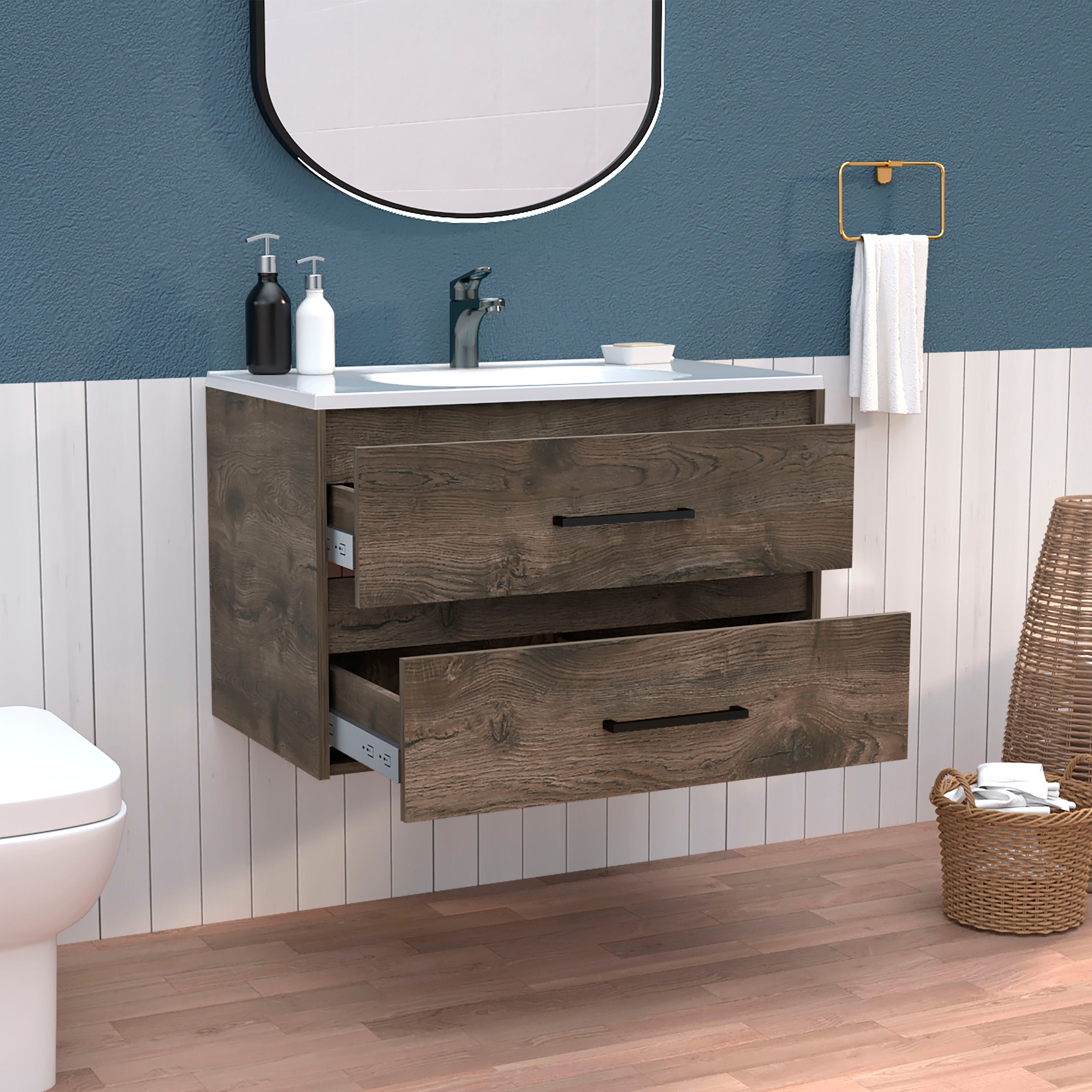 Floating Vanity Bathroom 20.4H" with 2 Drawer Organizers, Dark Brown / White