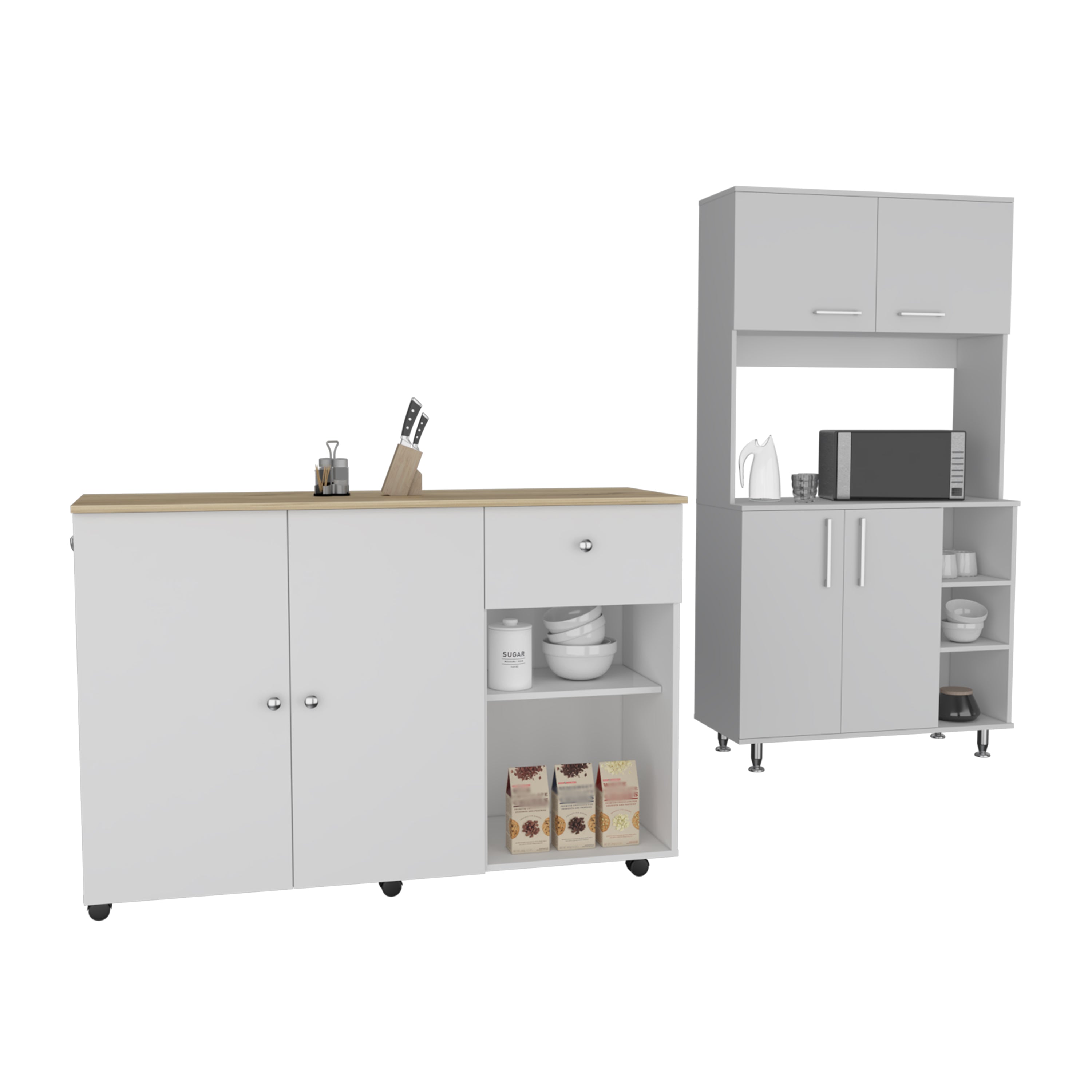 Edmond 2 Piece Kitchen Set, Syros Kitchen Island Cart  + Malta Kitchen Pantry Cabinet, White / Light Oak