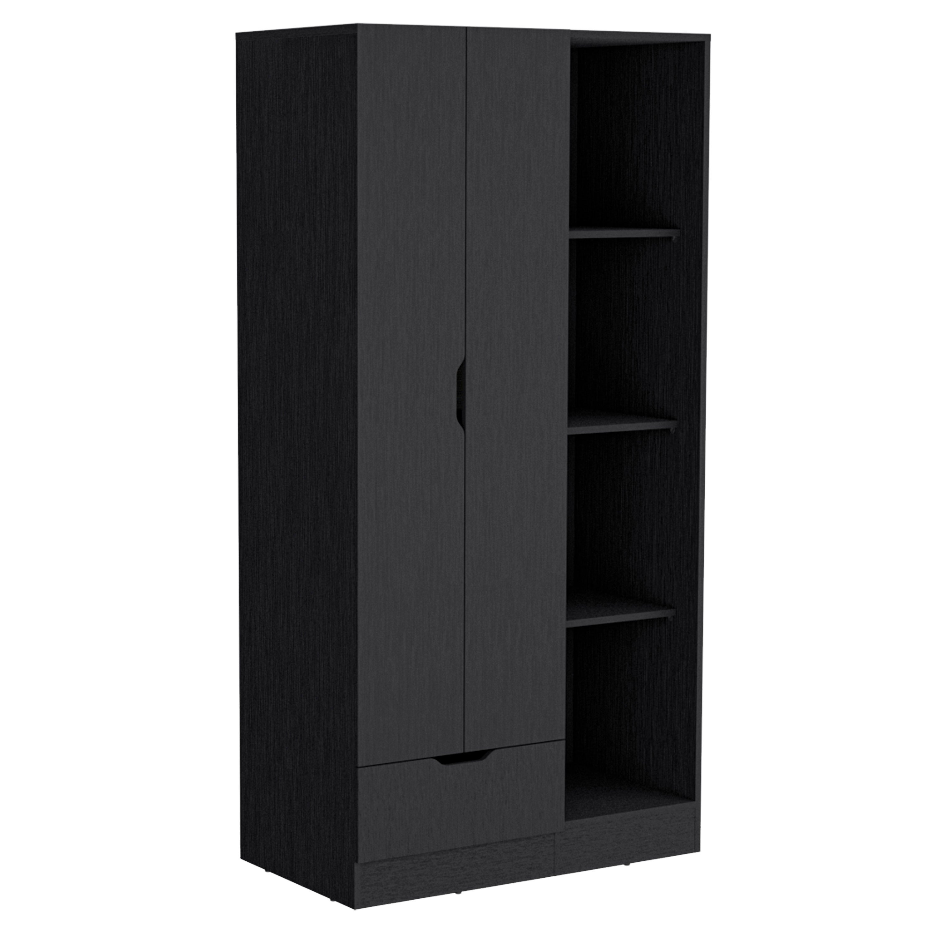 Armoire 71H" with 1-Drawer and 4-Tier Open Shelves, 2 Doors, Noir