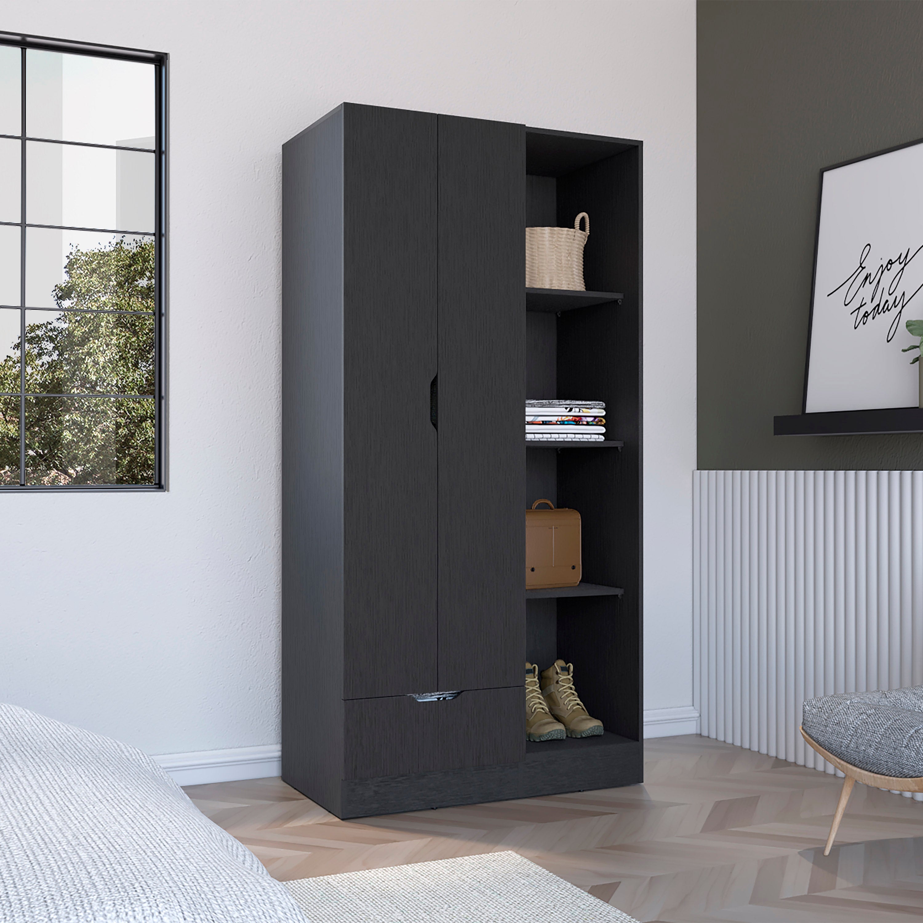 Armoire 71H" with 1-Drawer and 4-Tier Open Shelves, 2 Doors, Noir