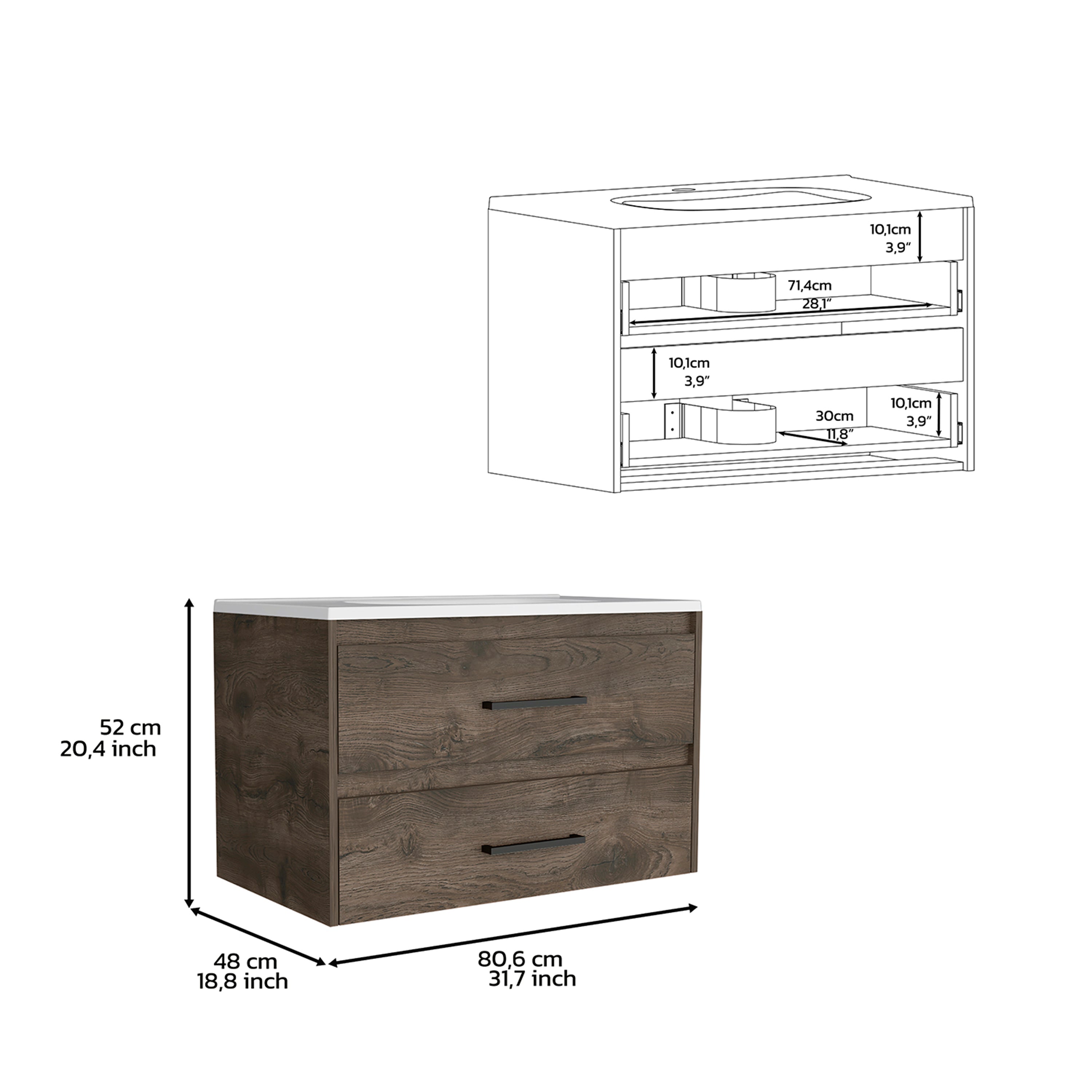 Floating Vanity Bathroom 20.4H" with 2 Drawer Organizers, Dark Brown / White