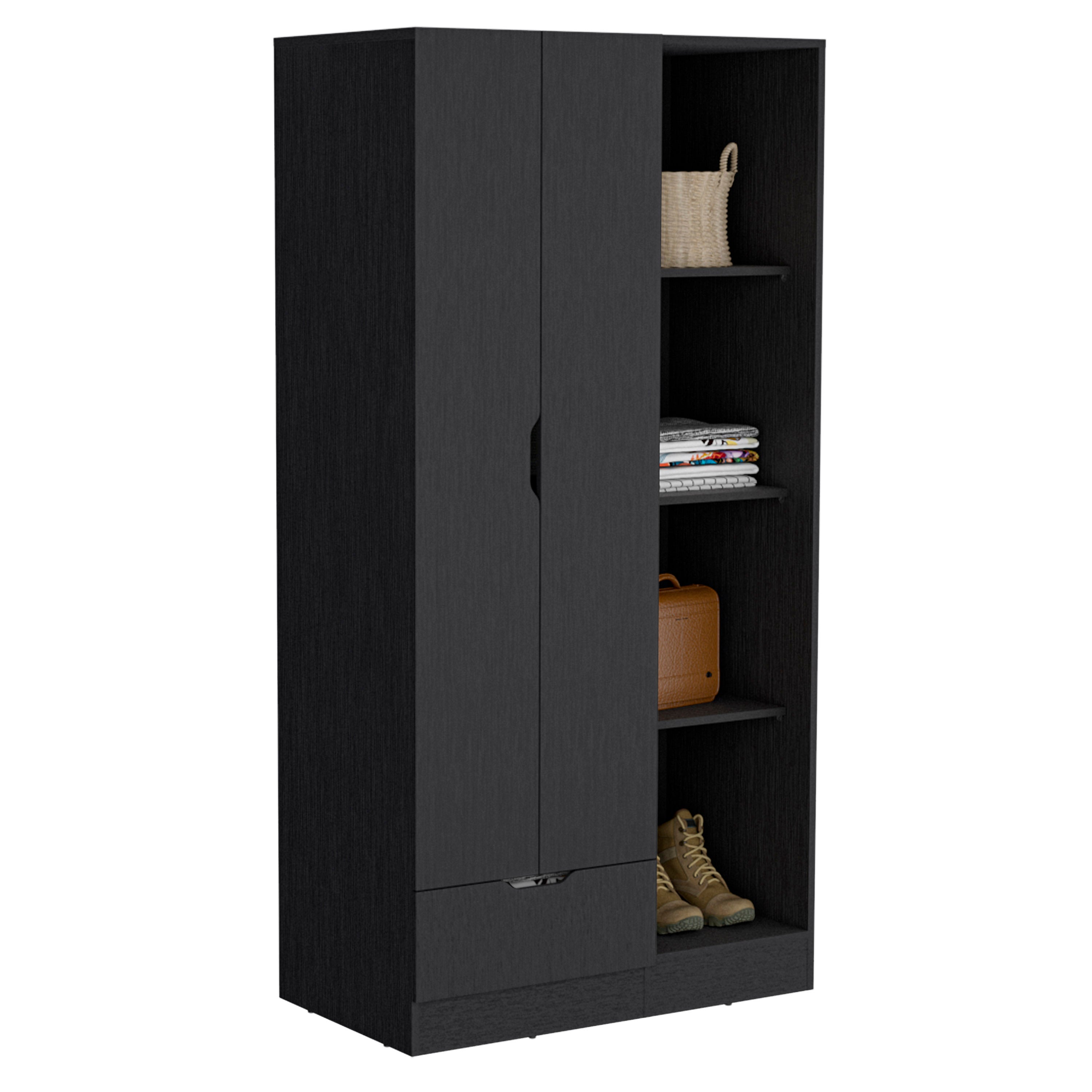 Armoire 71H" with 1-Drawer and 4-Tier Open Shelves, 2 Doors, Black