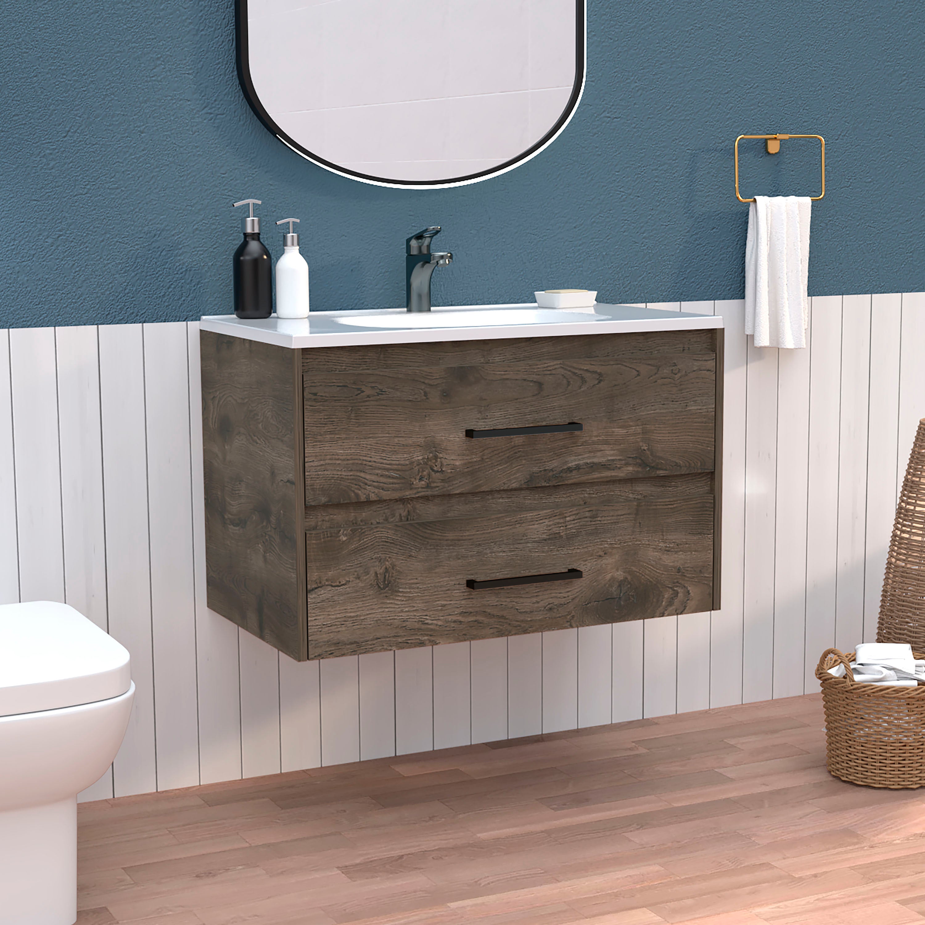 Floating Vanity Bathroom 20.4H" with 2 Drawer Organizers, البني الداكن / الأبيض