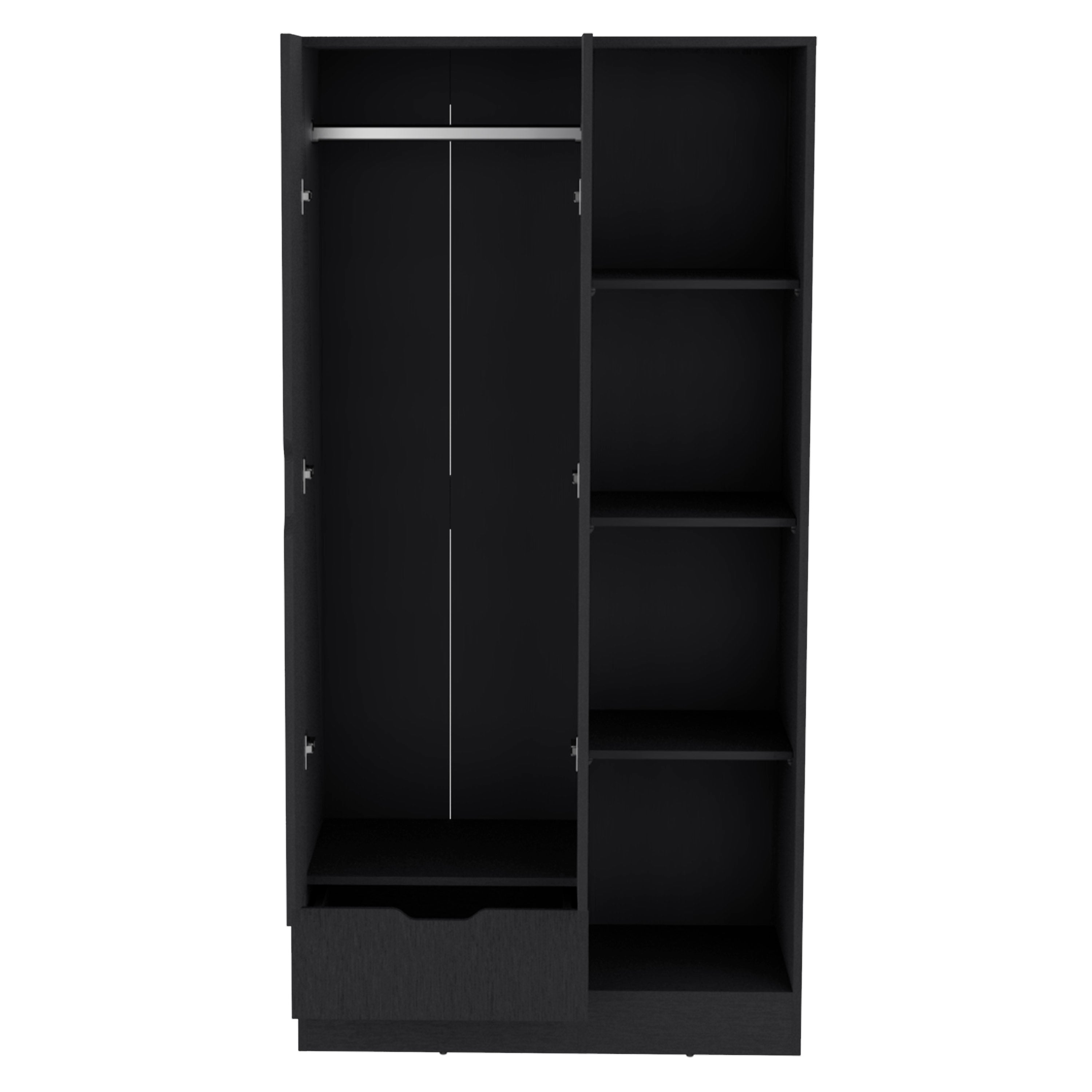 Armoire 71H" with 1-Drawer and 4-Tier Open Shelves, 2 Doors, Black