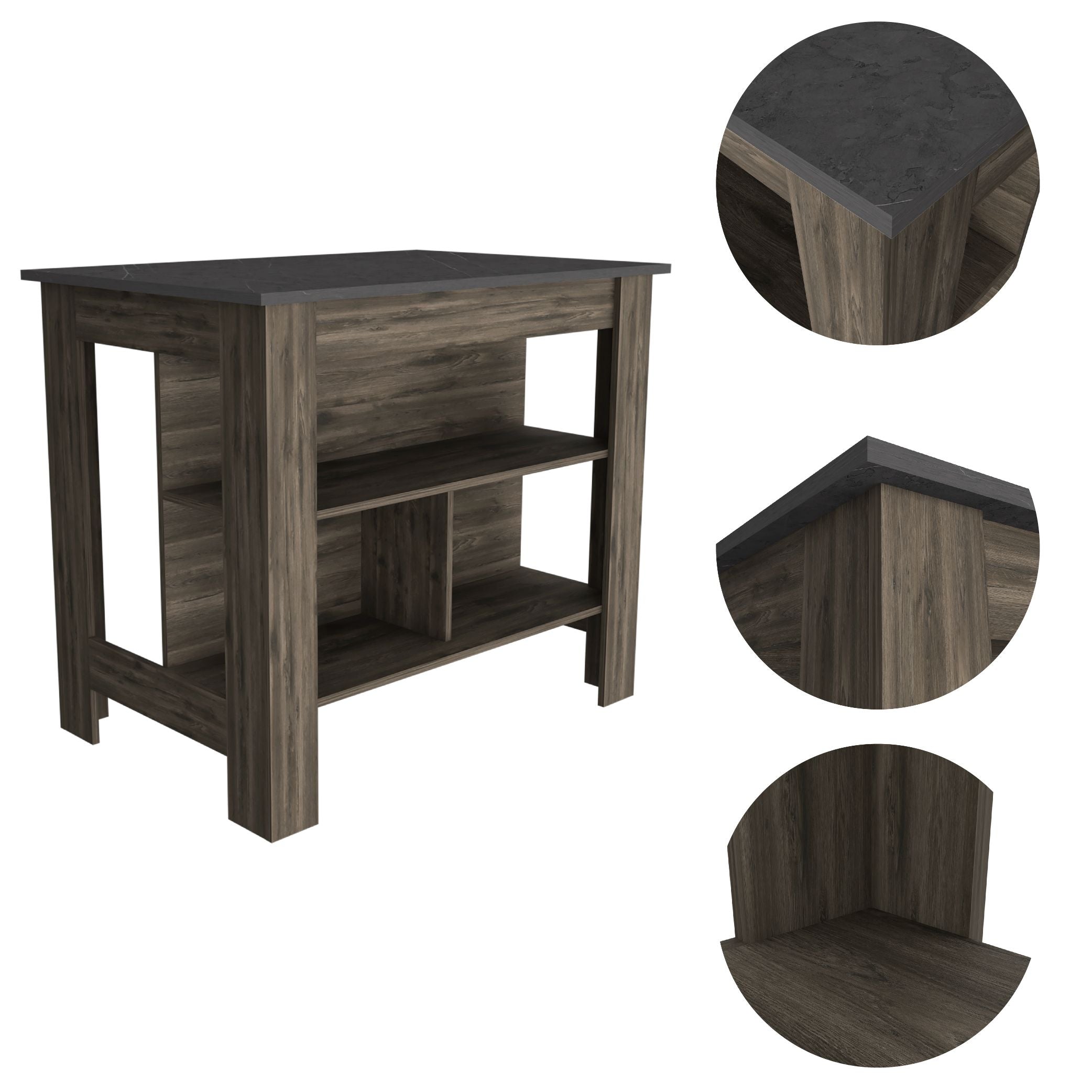 Kitchen Island, kitchen table 35" H, Four Legs, Three Open Storage Shelves, Dark Brown / Onix