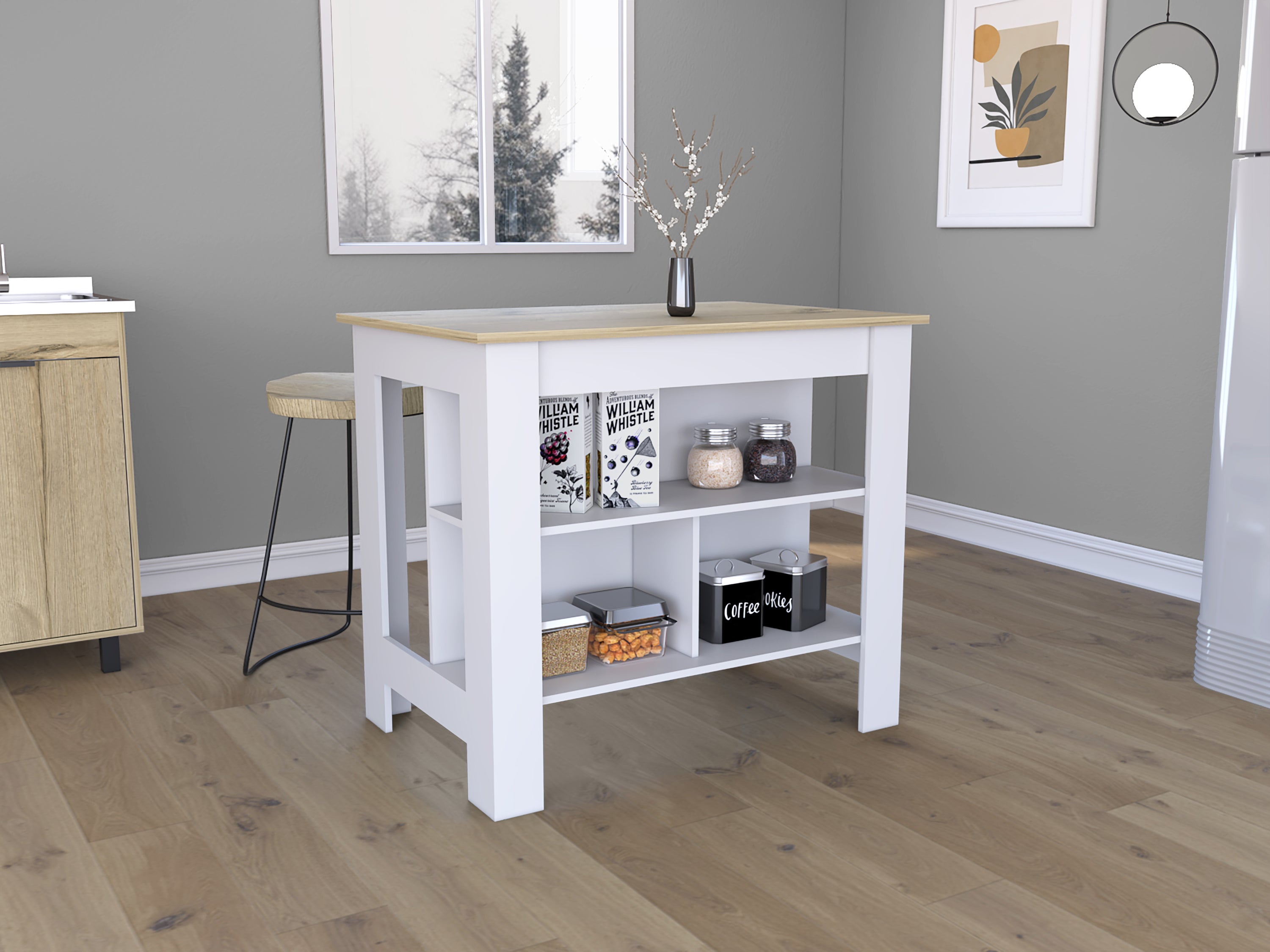 Kitchen Island, Kitchen Table 35" H, Three Open Storage Shelves, Four Legs, White/Light Oak