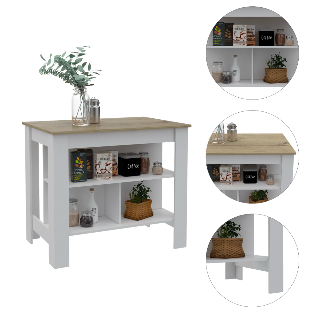 Kitchen Island, Kitchen Table 35" H, Three Open Storage Shelves, Four Legs, White/Light Oak