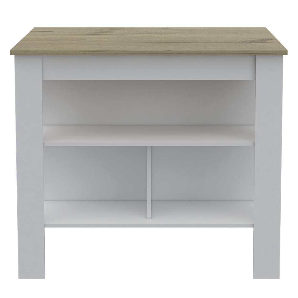 Kitchen Island, Kitchen Table 35" H, Three Open Storage Shelves, Four Legs, White/Light Oak