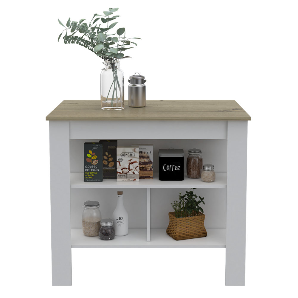 Kitchen Island, Kitchen Table 35" H, Three Open Storage Shelves, Four Legs, White/Light Oak