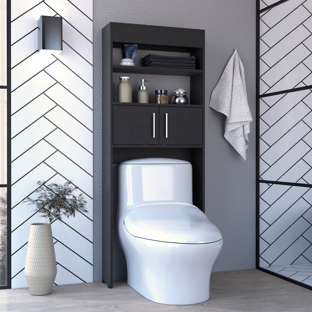 63H" Over The Toilet Cabinet, Two Shelves, Double Door, Black