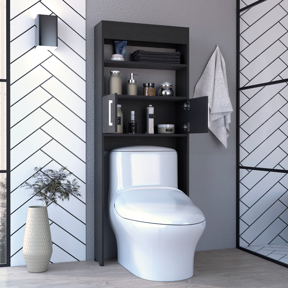 63H" Over The Toilet Cabinet, Two Shelves, Double Door, Black