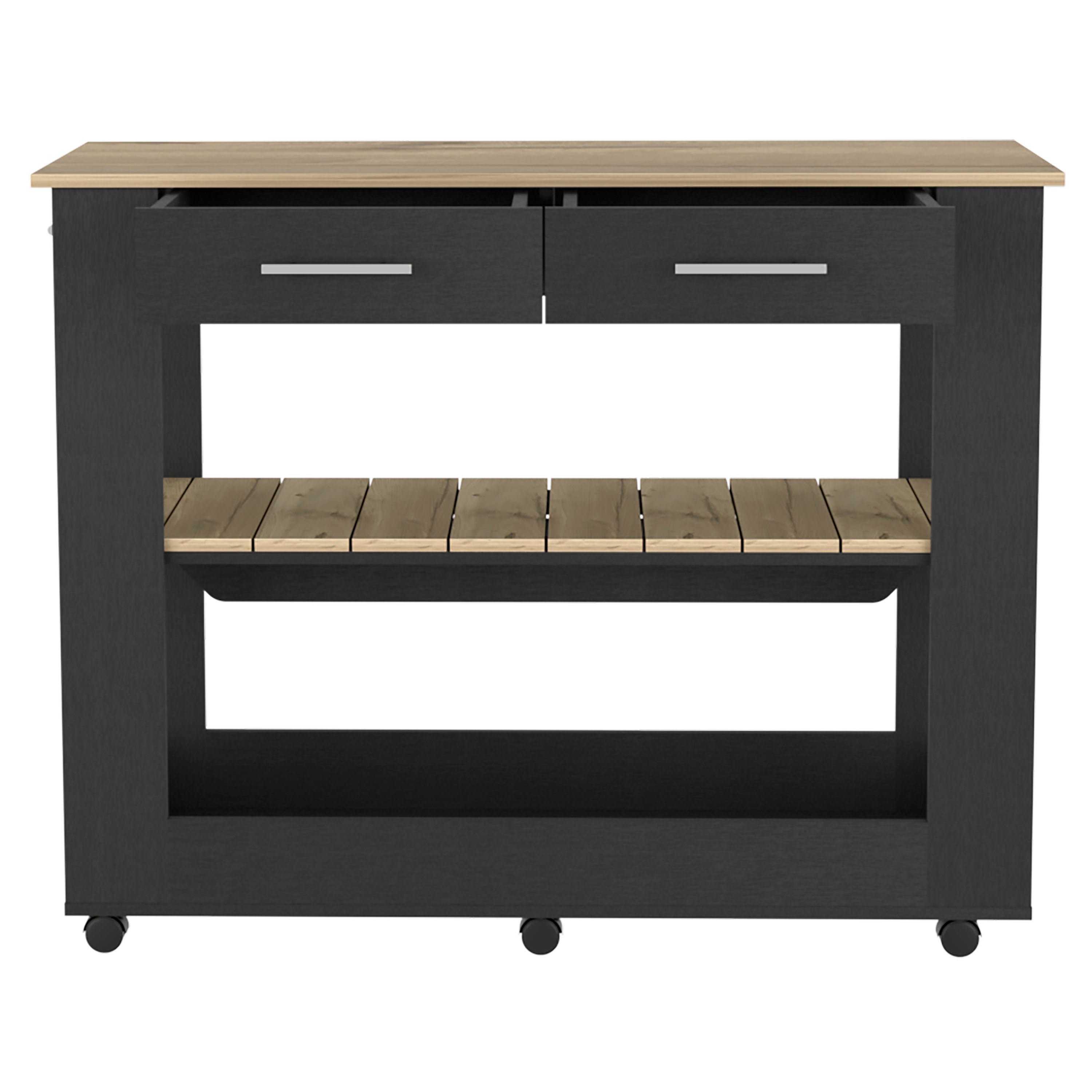 Kitchen Island 36" H, Six Casters, Two Drawers, Two Open Storage Shelves, Towel Hanger, Black / Light Oak