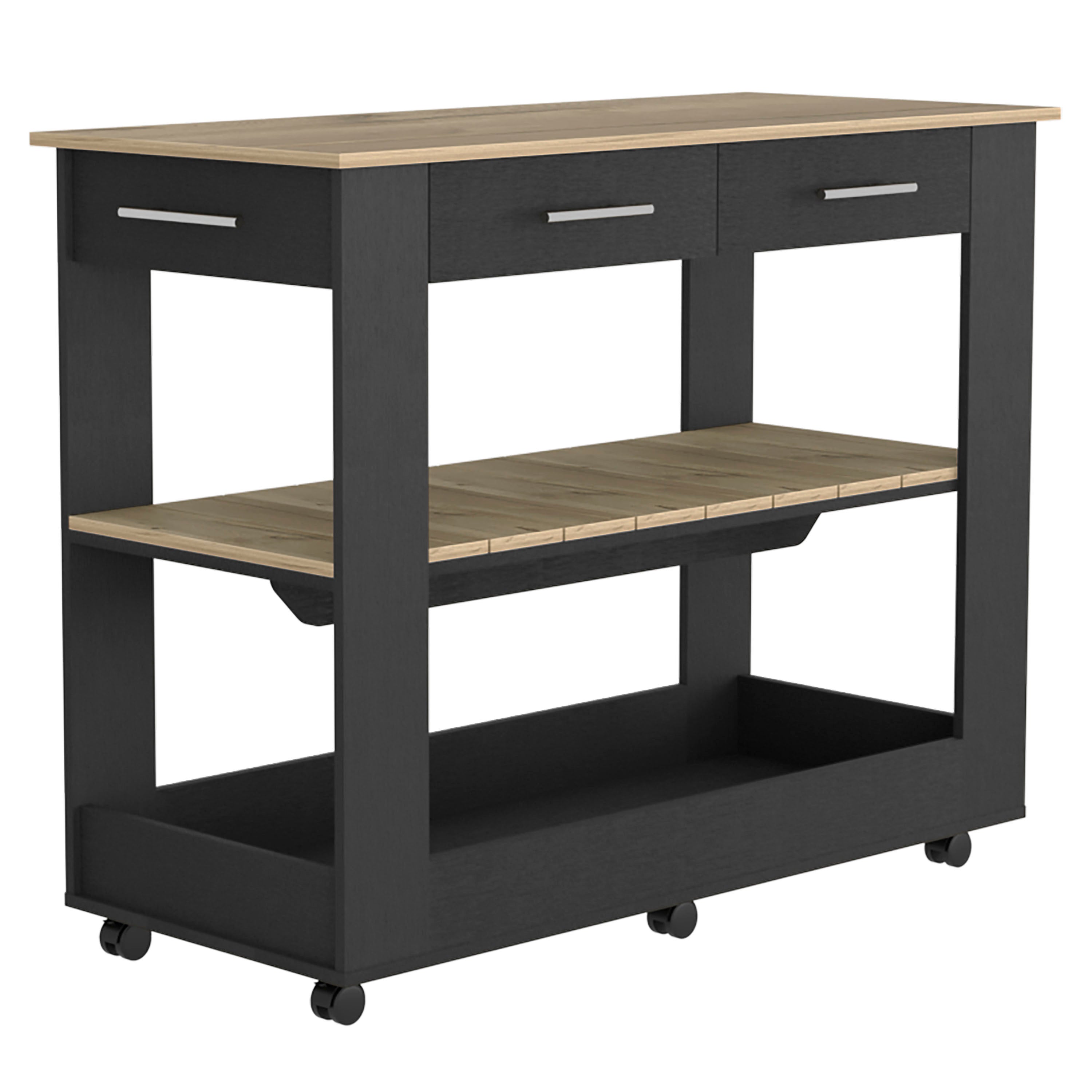 Kitchen Island 36" H, Six Casters, Two Drawers, Two Open Storage Shelves, Towel Hanger, Black / Light Oak