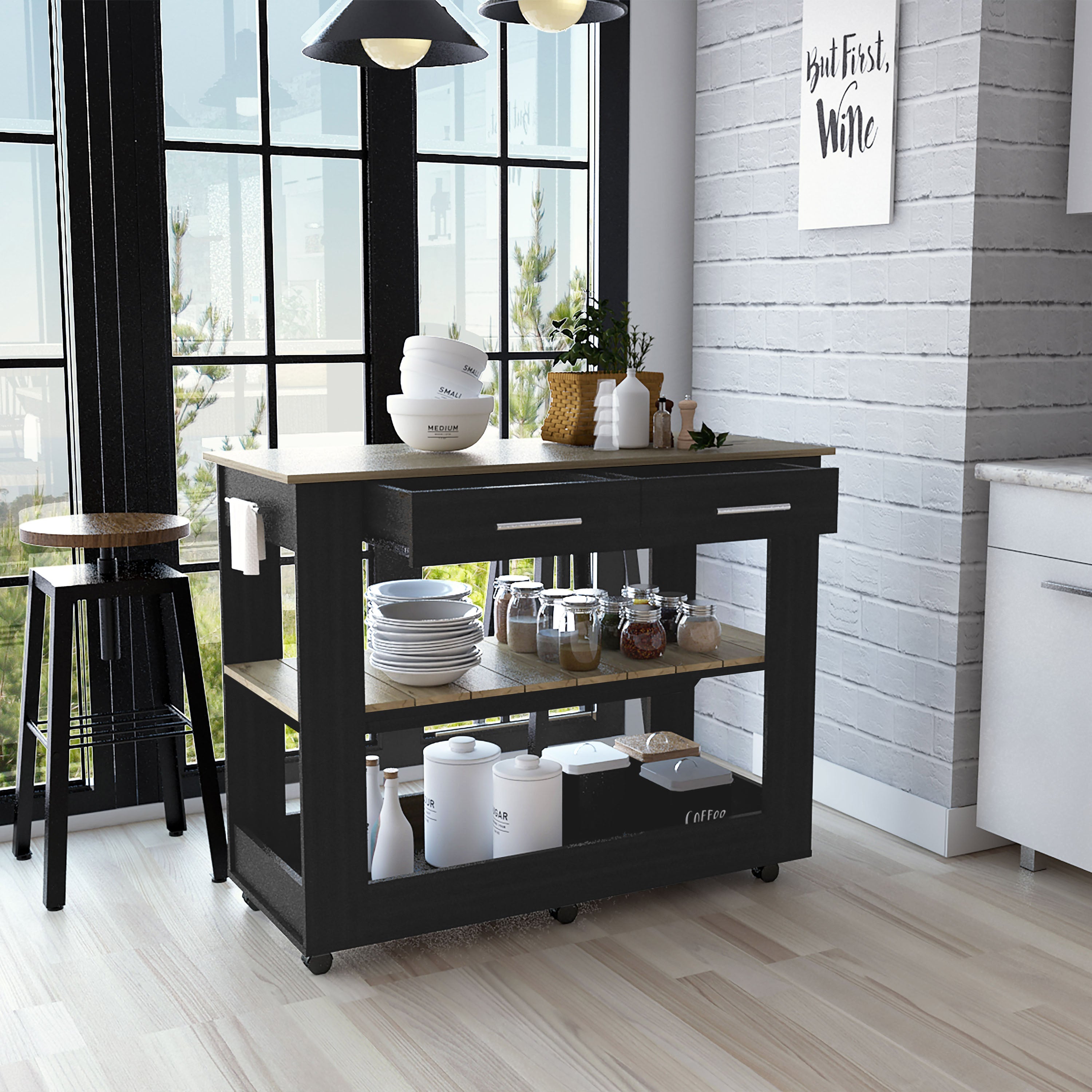 Kitchen Island 36" H, Six Casters, Two Drawers, Two Open Storage Shelves, Towel Hanger, Black / Light Oak