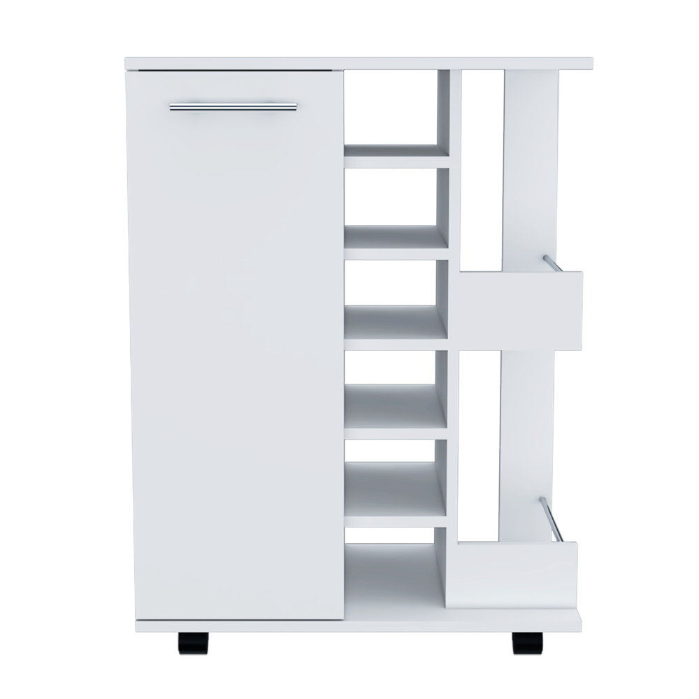 32" H white bar-coffee cart, cabinet storage, with 4 wheels, 1 divided storage with 1 shelf, 1 folding door, a central vertical division for 6 bottles and 2 side shelves with aluminum front