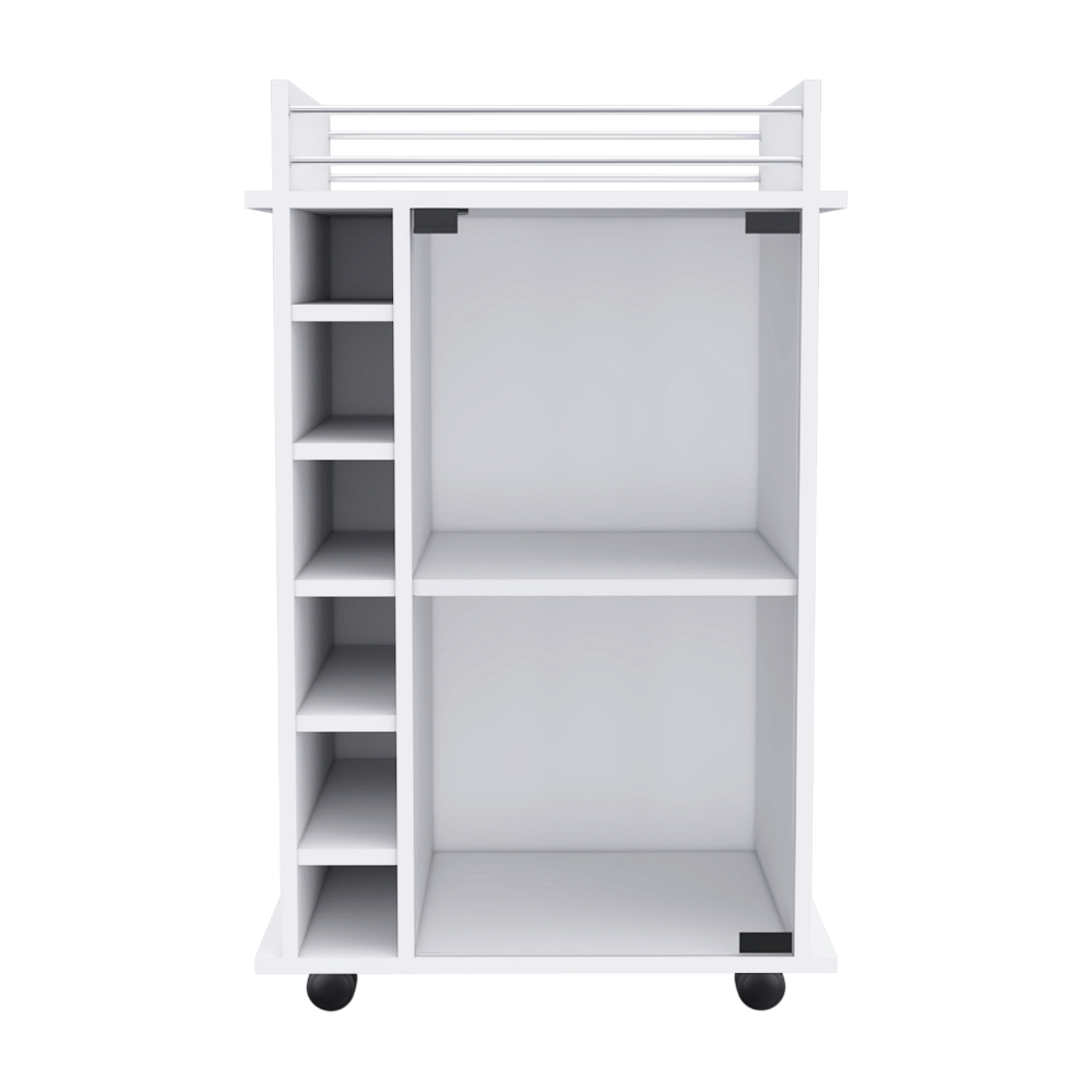 32" H white bar-coffee cart, Kitchen or living room cabinet storage with with 4 wheels, with 6 bottle racks, a central shelf covered by 1 glass door, 1 support surface with aluminum front.