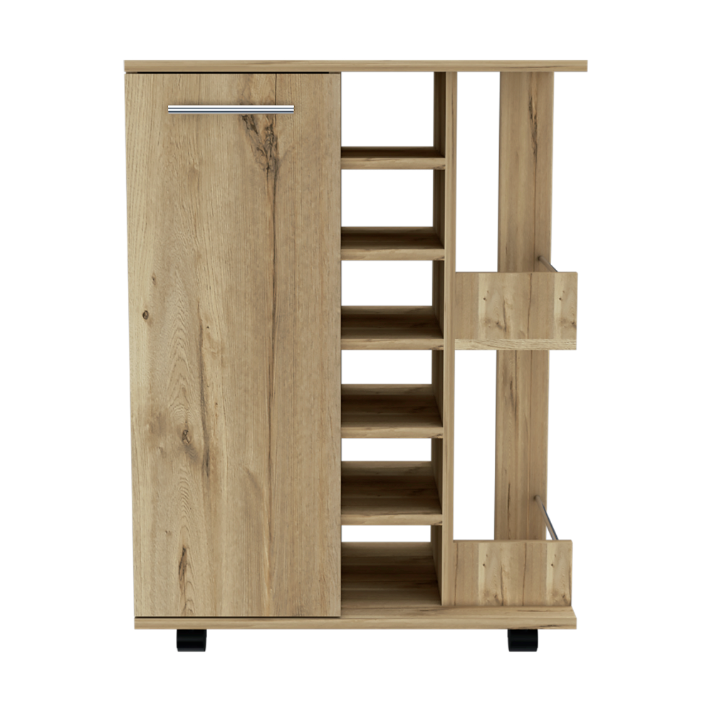 32" H light oak bar-coffee cart, cabinet storage, with 4 wheels, 1 divided storage with 1 shelf, 1 folding door, a central vertical division for 6 bottles and 2 side shelves with aluminum front