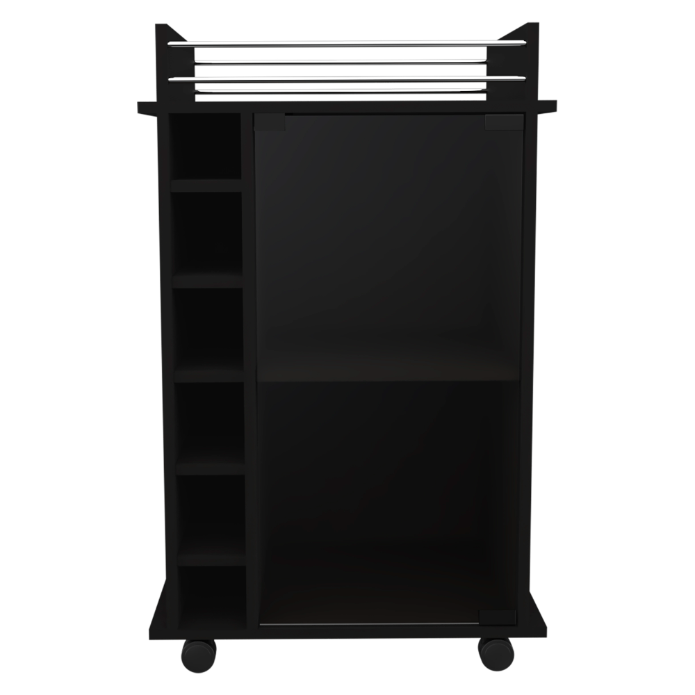 32" H black bar-coffee cart, Kitchen or living room cabinet storage with with 4 wheels, with 6 bottle racks, a central shelf covered by 1 glass door, 1 support surface with aluminum front.