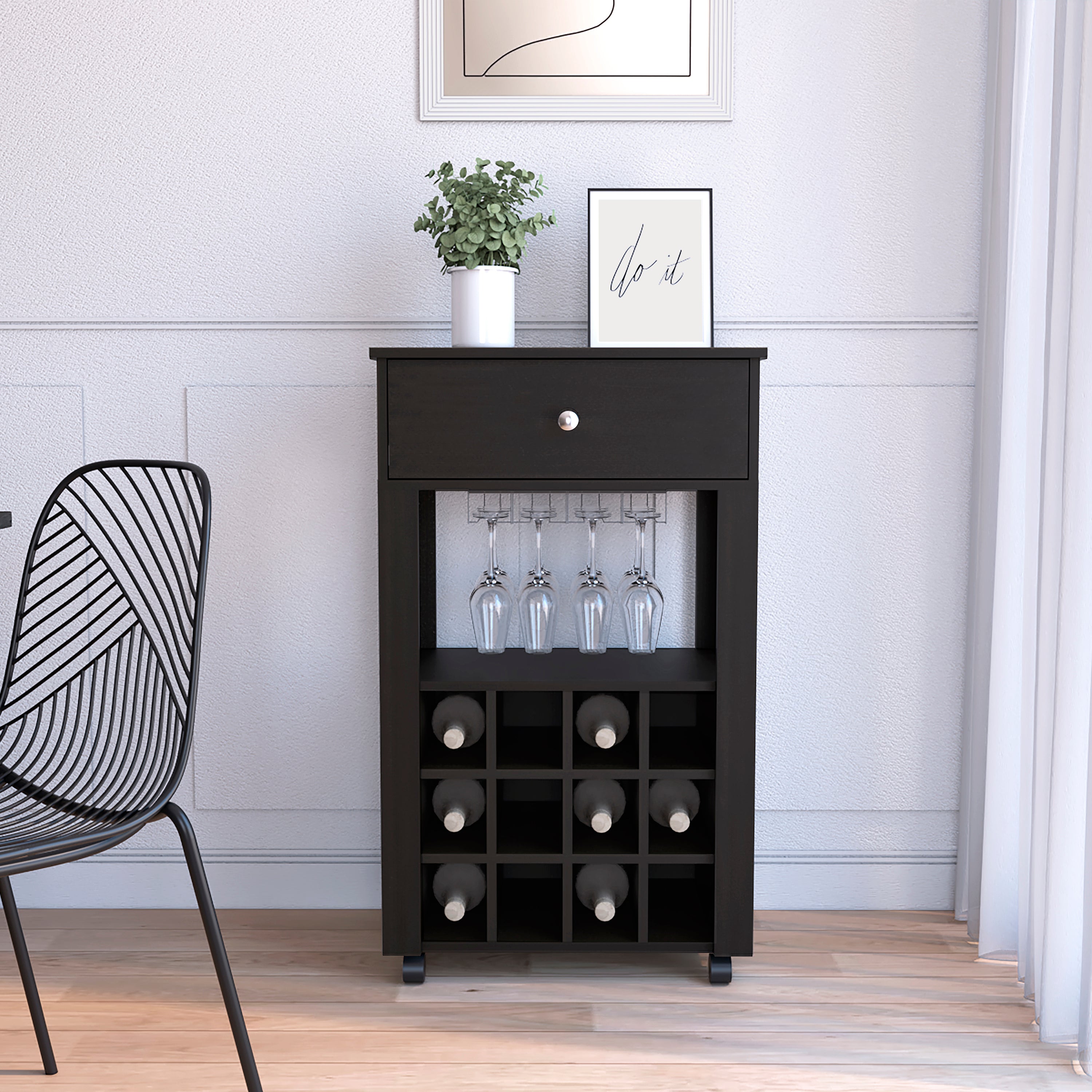 39" H black bar- coffee cart, Kitchen or living room cabinet storage, with 12 bottle racks, a central shelf with  1 Cup holders, 1 drawer ideal for storing small things