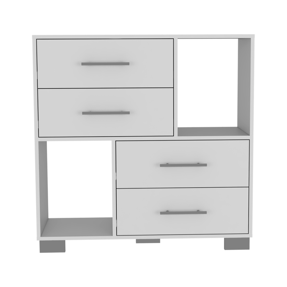 Dresser 35"H , Two Open Shelves, Four Drawers, Metal Handles, White