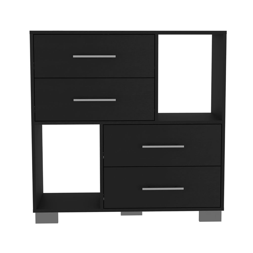 Dresser 35"H , Two Open Shelves, Four Drawers, Metal Handles, Black