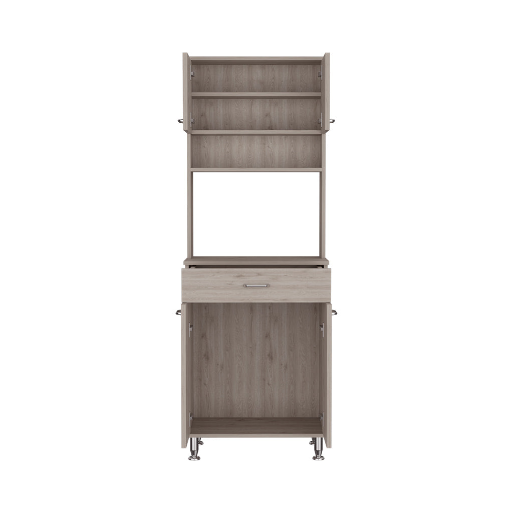 Pantry Cabinet 67" H, Four Doors, One Drawer, Three Internal Shelves, 2 External Storage Shelves, Microwave Storage Option, Four Legs, Light Gray