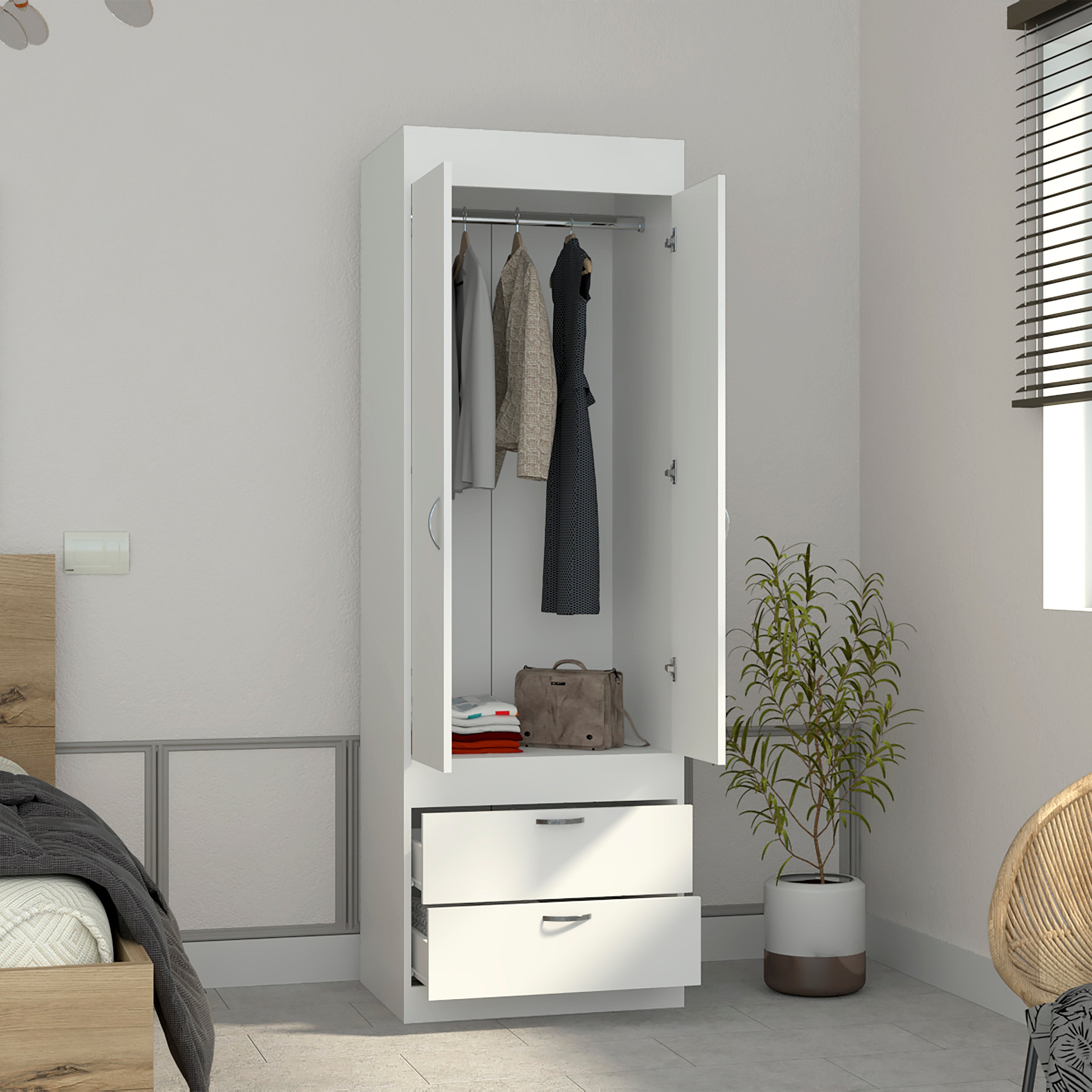 Armoire 70H", Pintu Ganda Lemari, Dua Laci, Pegangan Logam, Rod, Putih