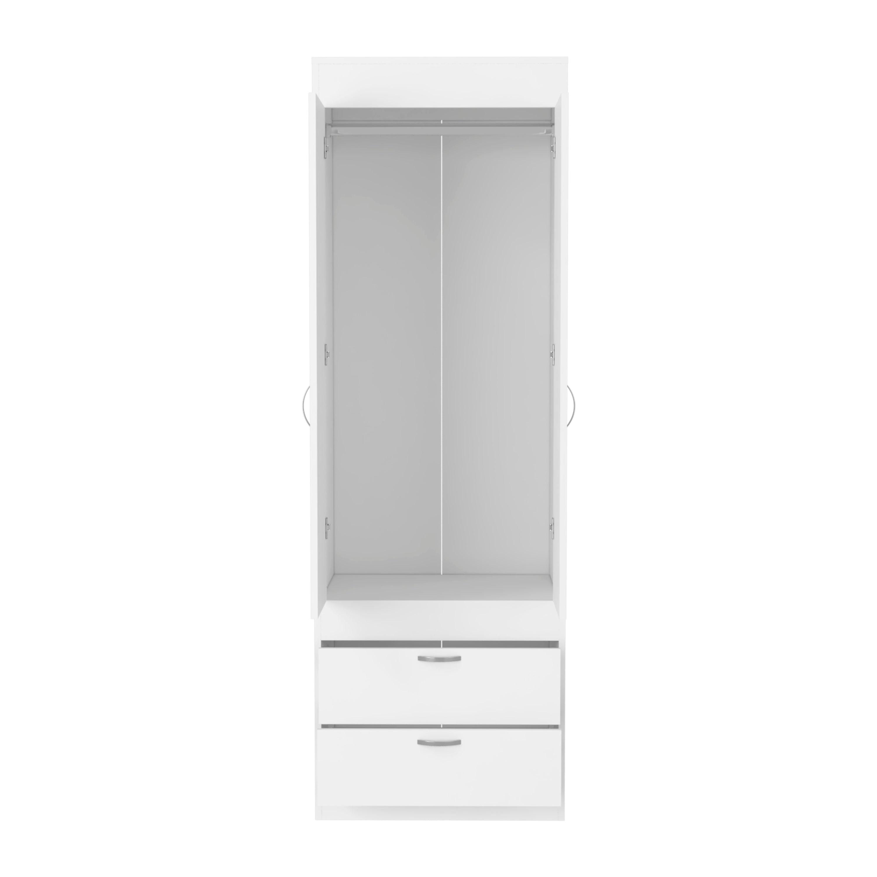 Armoire 70H", Double Porte Armoire, Deux Tiroirs, Poignées Métalliques, Tringle, Blanc