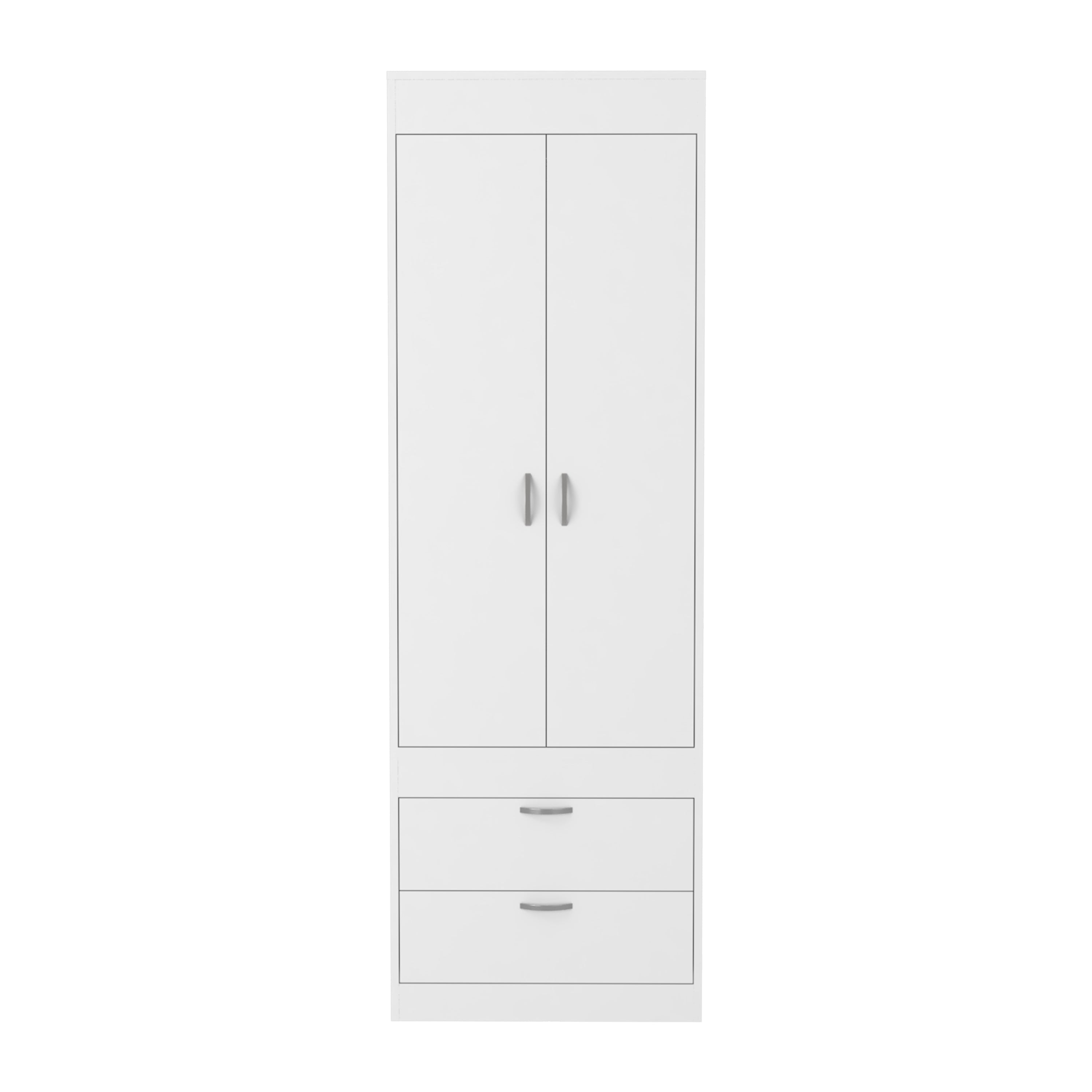 Armoire 70H", Double Porte Armoire, Deux Tiroirs, Poignées Métalliques, Tringle, Blanc