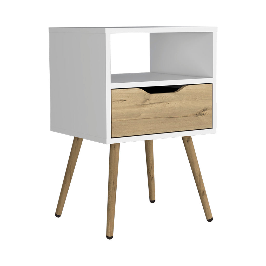 Nightstand 25"H, Superior Top, Four Legs, One Open Shelf, One Drawer, White / Light Oak