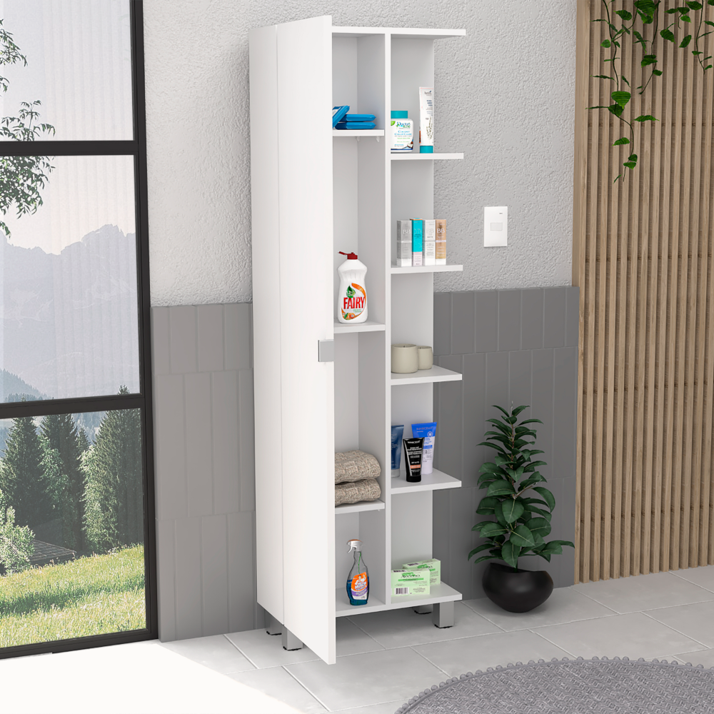 DEPOT E-SHOP Venus Linen Single Door Cabinet, Five External Shelves, Four Interior Shelves, White