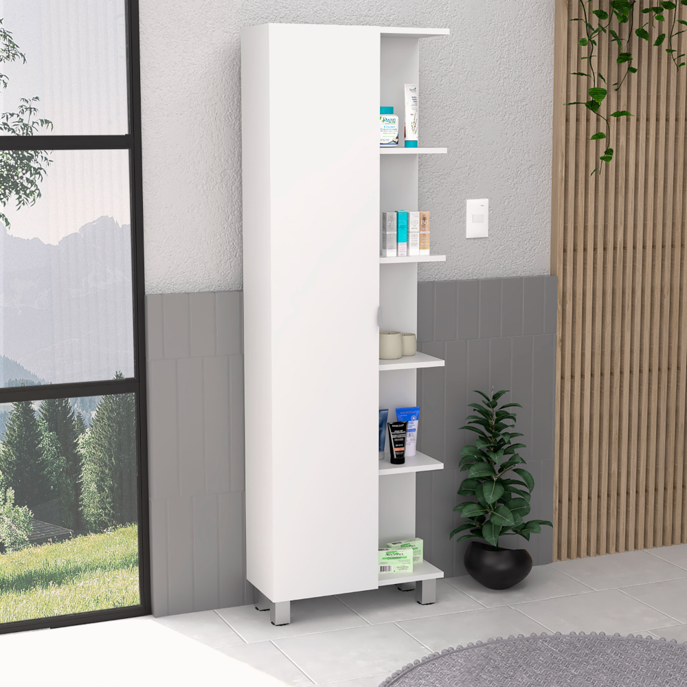 DEPOT E-SHOP Venus Linen Single Door Cabinet, Five External Shelves, Four Interior Shelves, White