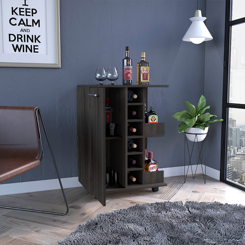 32" H carbon espresso bar-coffee cart, cabinet storage, with 4 wheels, 1 divided storage with 1 shelf, 1 folding door, a central vertical division for 6 bottles and 2 side shelves with aluminum front