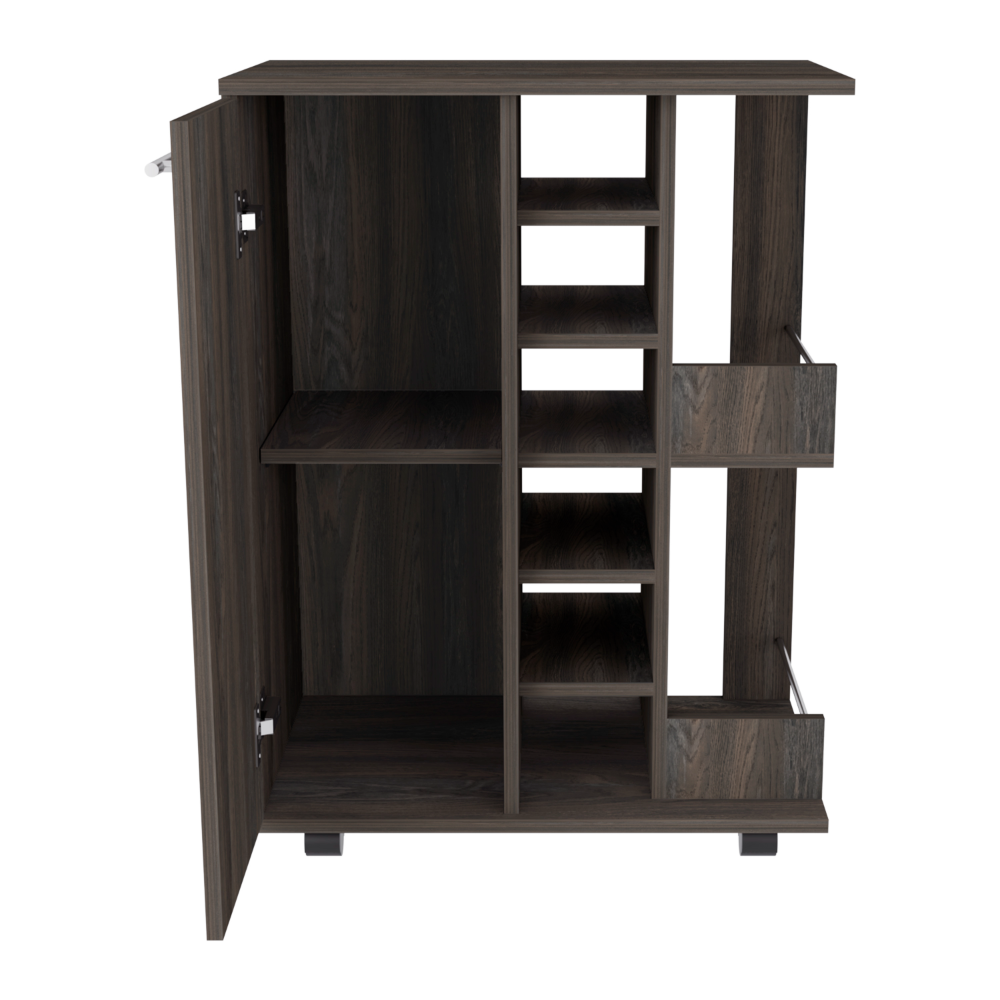 32" H carbon espresso bar-coffee cart, cabinet storage, with 4 wheels, 1 divided storage with 1 shelf, 1 folding door, a central vertical division for 6 bottles and 2 side shelves with aluminum front