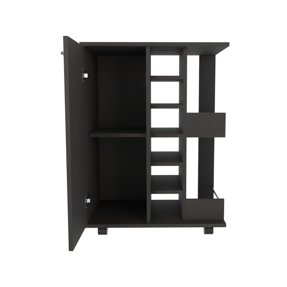 32" H black bar-coffee cart, cabinet storage, with 4 wheels, 1 divided storage with 1 shelf, 1 folding door, a central vertical division for 6 bottles and 2 side shelves with aluminum front