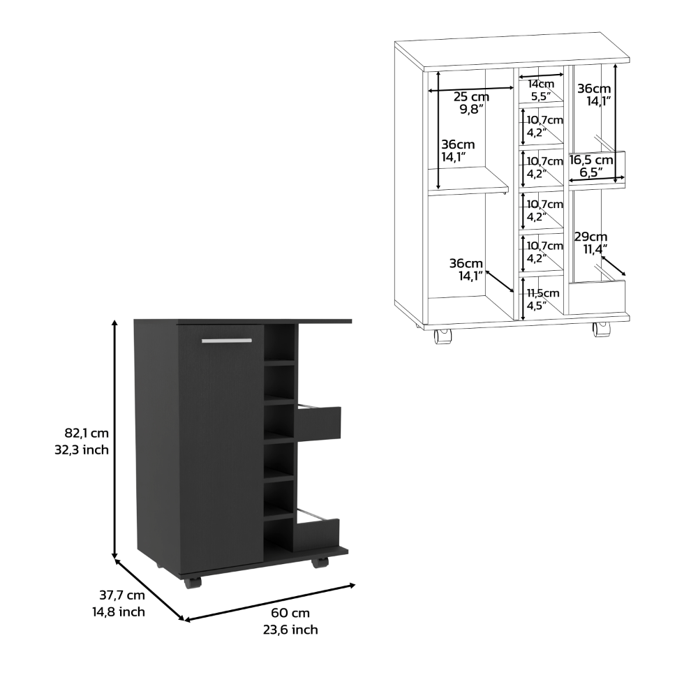 32" H black bar-coffee cart, cabinet storage, with 4 wheels, 1 divided storage with 1 shelf, 1 folding door, a central vertical division for 6 bottles and 2 side shelves with aluminum front