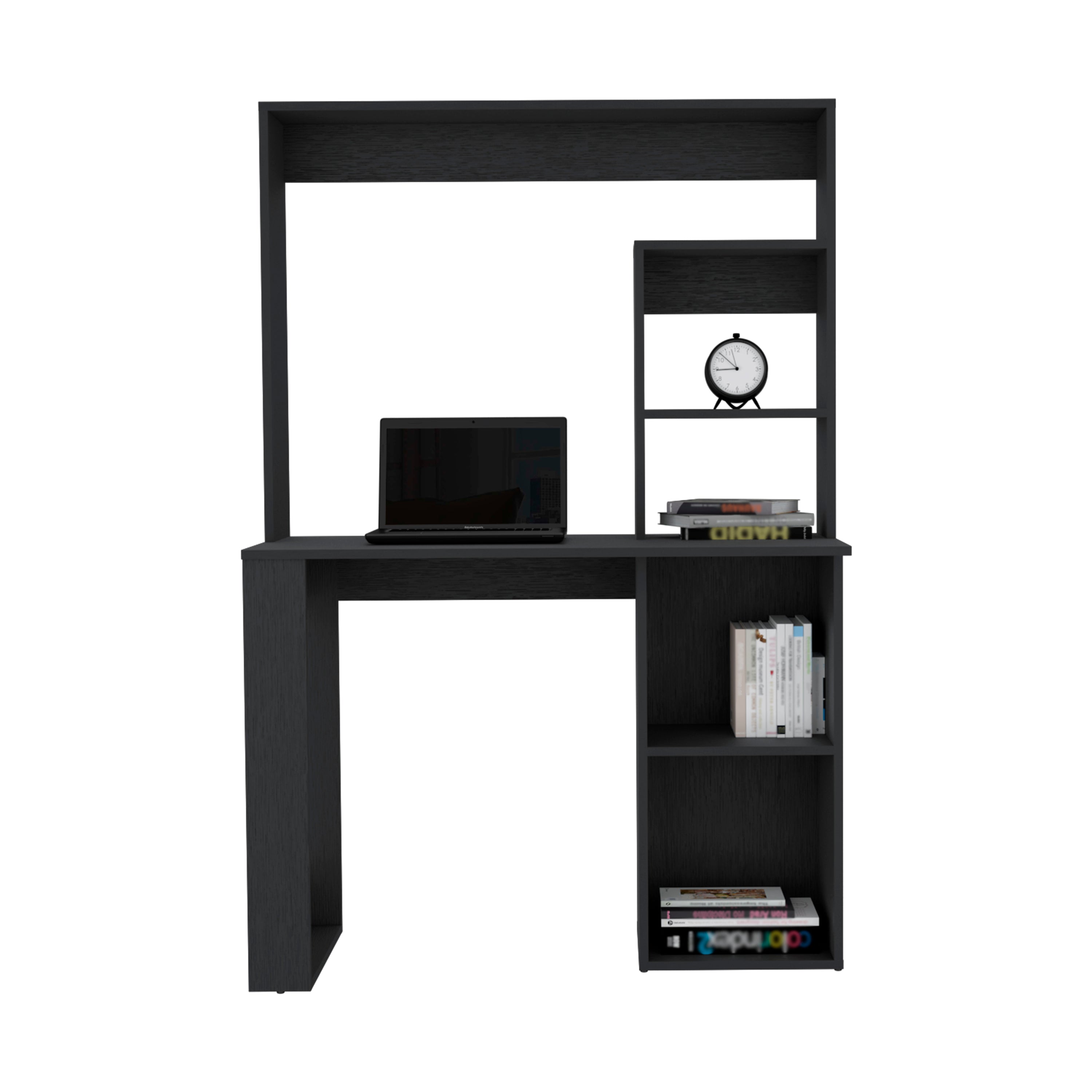 Ethel Writing Computer Desk with Storage Shelves and Hutch, Black