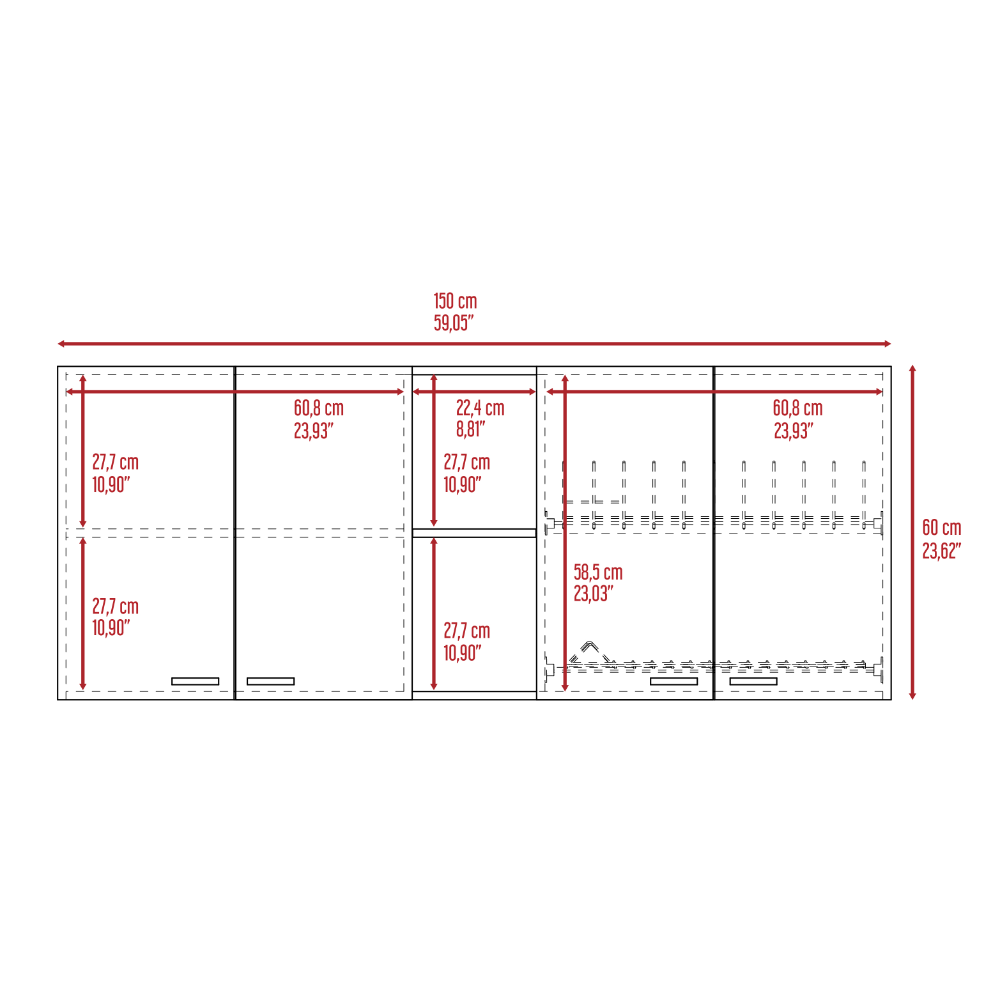 Armario de pared 24" H, cuatro puertas, dos estantes de almacenamiento abiertos, dos estantes internos, organizador interno de platos y vasos, blanco