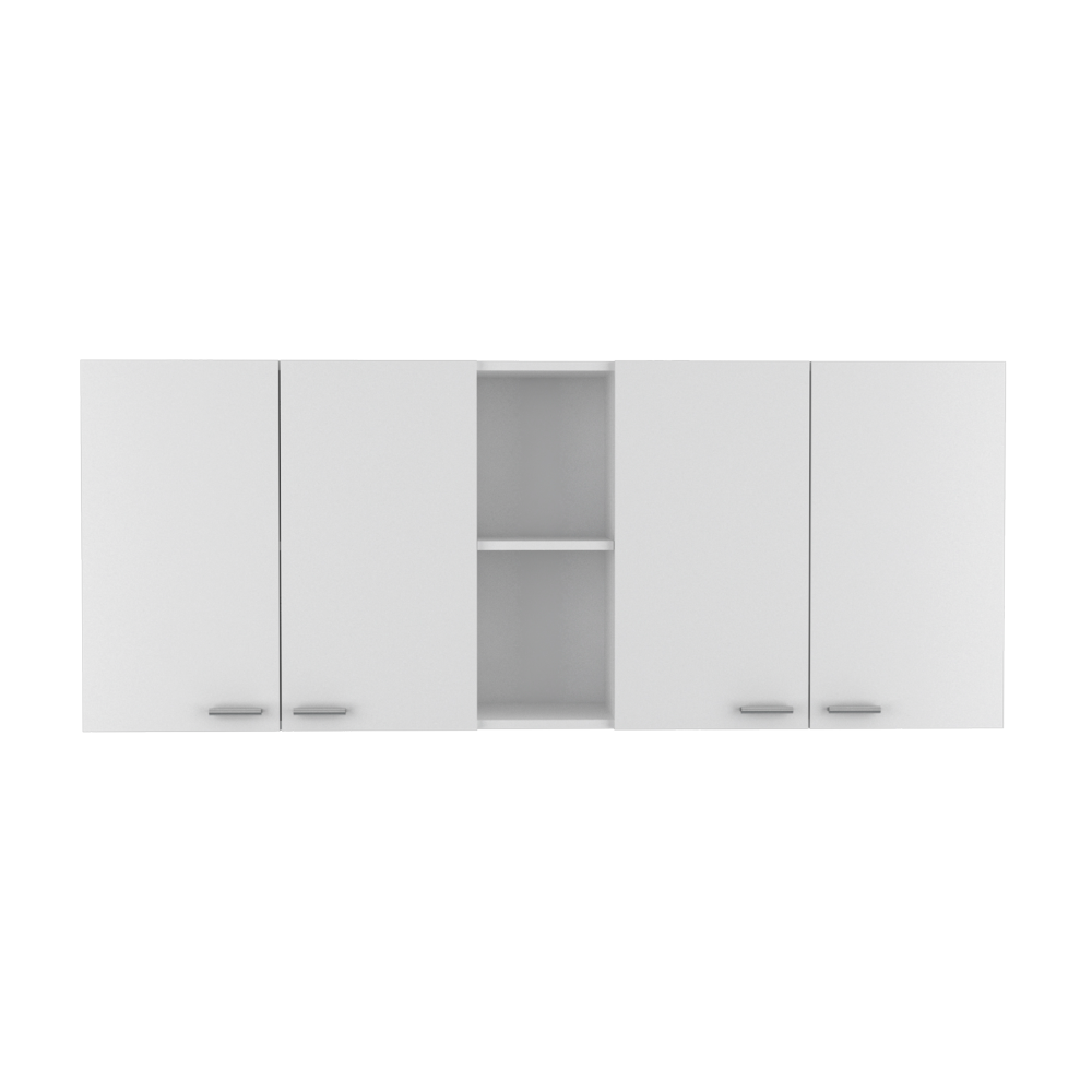 Armoire murale 24" H, quatre portes, deux étagères de rangement ouvertes, deux étagères internes, organiseur de vaisselle et verre interne, Blanc