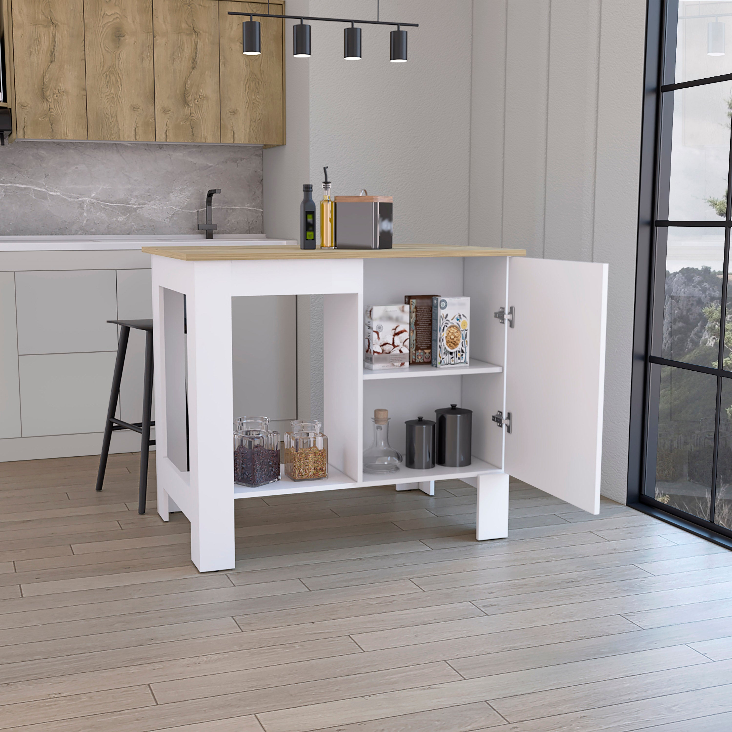 Kitchen Island 35" H, One Storage Cabinet with Door, Two Internal Shelves, One Open storage Shelf, White/Macadamia