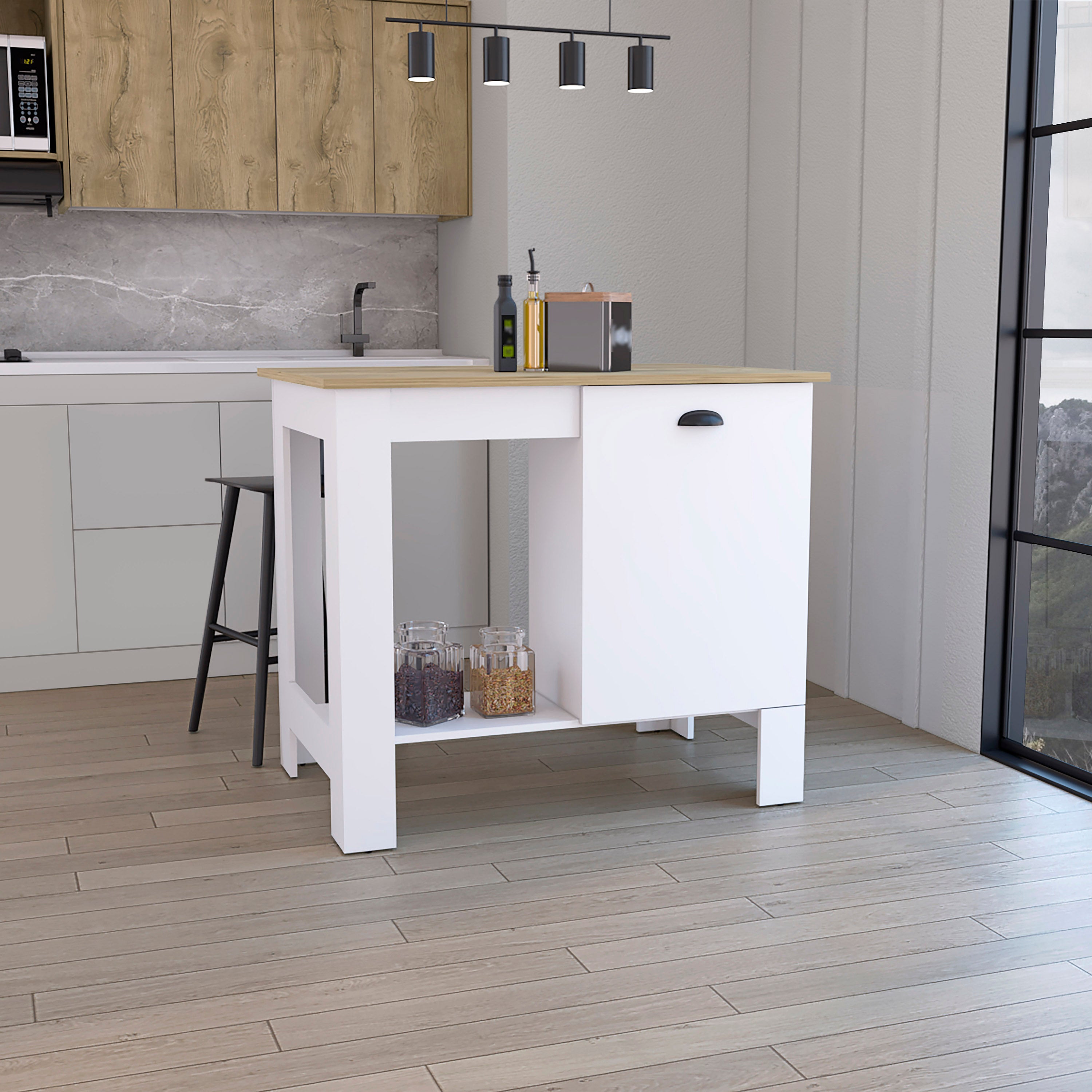 Kitchen Island 35" H, Satu Lemari Penyimpanan dengan Pintu, Dua Rak Internal, Satu Rak Penyimpanan Terbuka, Putih/Makadamia