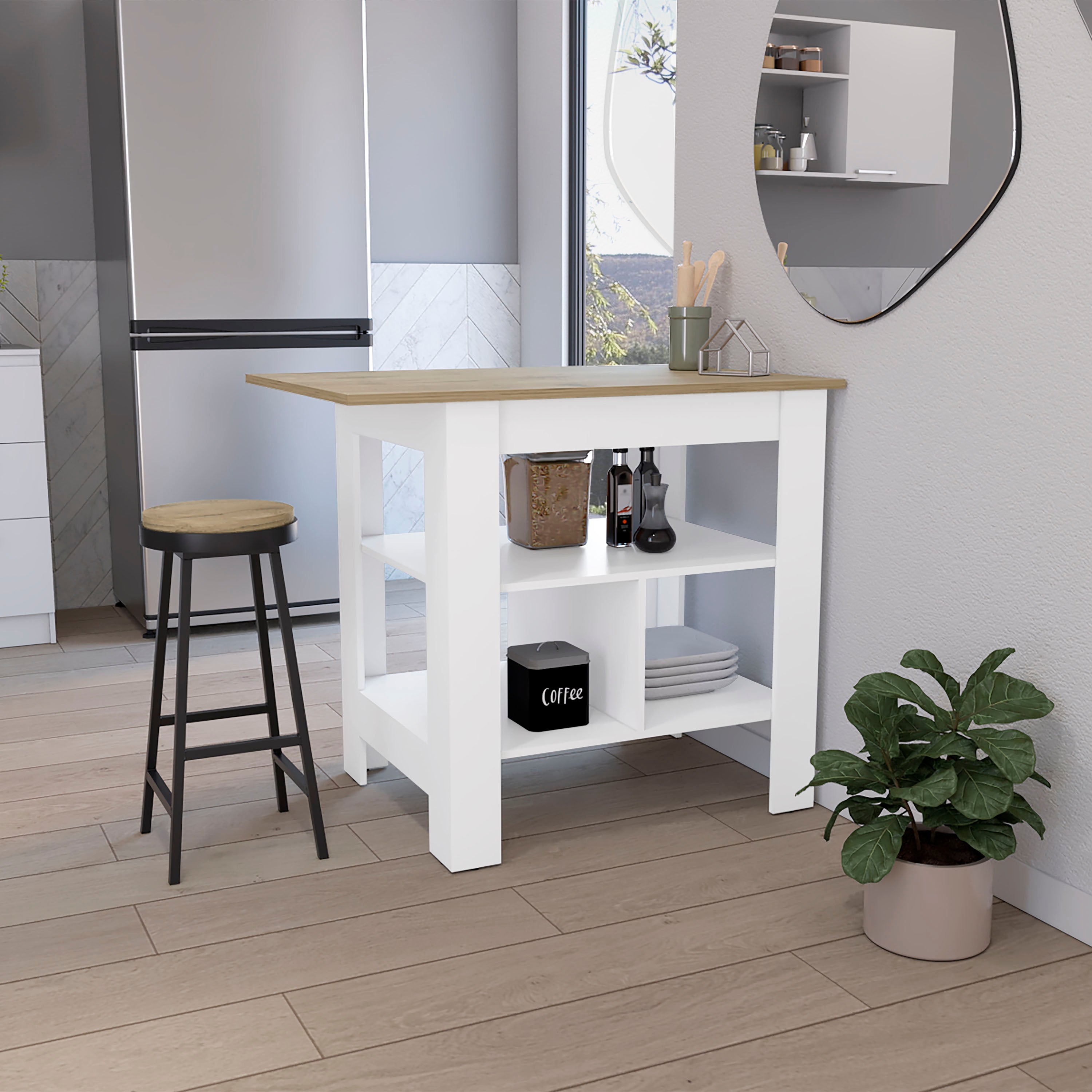 Kitchen Island, meja dapur 35" H, 3 Rak Terbuka, Putih/Macadamia